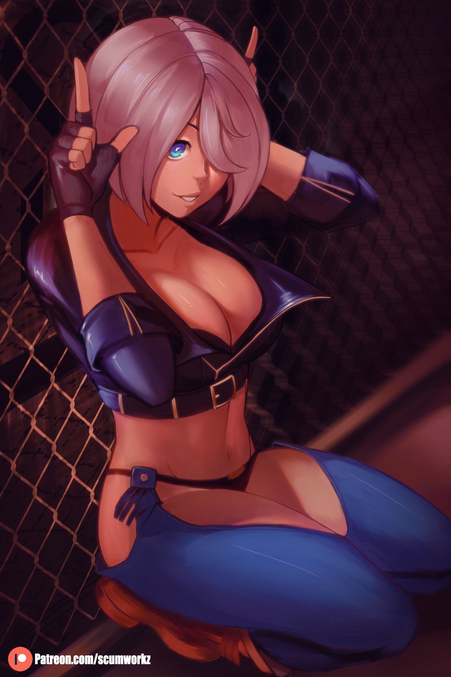 scumworkz, angel (kof), the king of fighters, 1girl, blue eyes, female focus, gloves, hands up, jacket, kneeling, leather, looking at viewer, pale skin, panties, scumworks, short hair, thick thighs, thighs, underwear, white hair