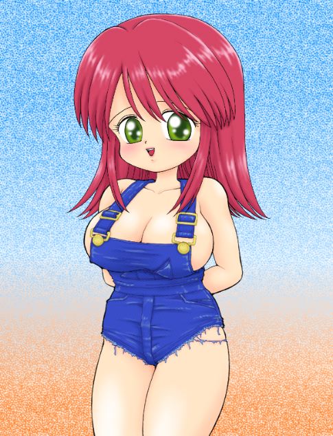 blush, breasts, cleavage, green eyes, overalls, smile