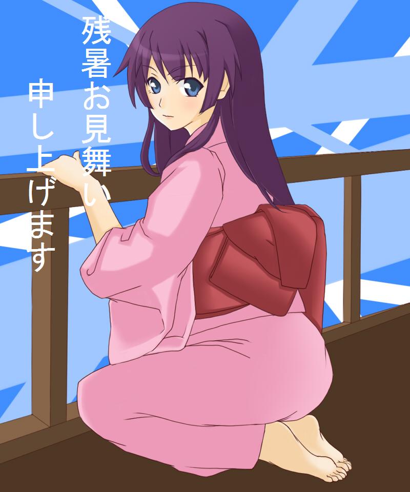 aoi2410, senjougahara hitagi, bakemonogatari, monogatari (series), 00s, 1girl, barefoot, blue eyes, bow, feet, female focus, japanese clothes, kimono, long hair, looking at viewer, looking back, purple hair, sash, seiza, sitting, soles, solo, toes, zanshomimai