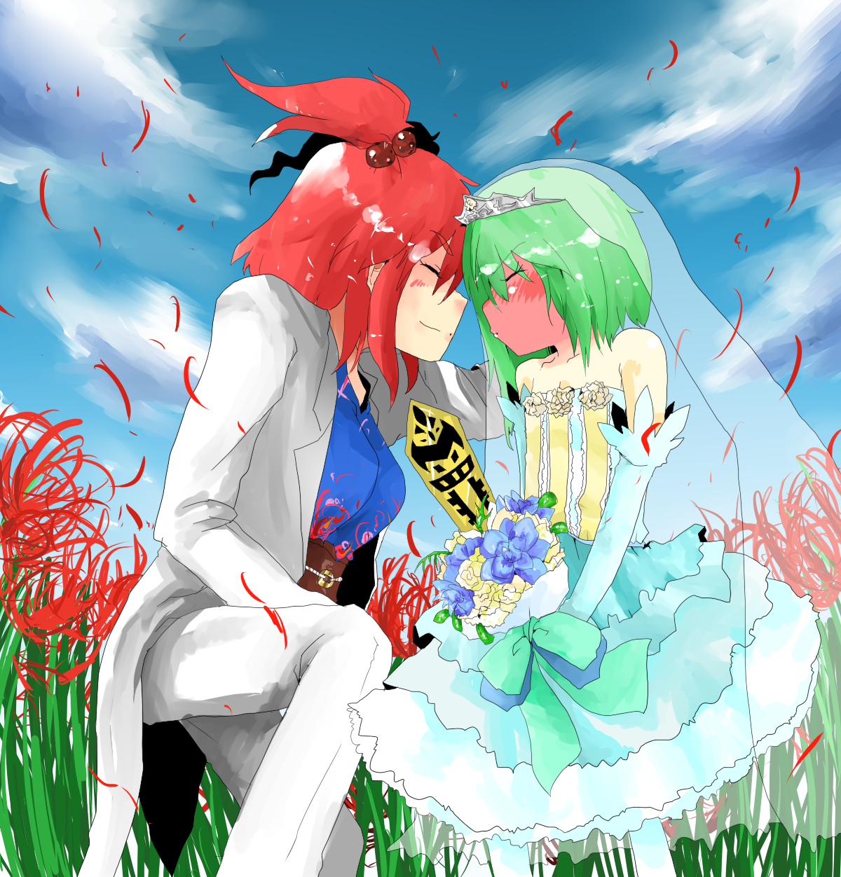karasuma, onozuka komachi, shiki eiki, touhou, highres, 2girls, blush, body blush, bouquet, bridal veil, bride, closed eyes, crossdressing, crossdressing (ftm), dress, elbow gloves, embarrassed, female focus, flat chest, flower, full-face blush, gloves, grass, green hair, hair bobbles, hair ornament, imminent kiss, multiple girls, on one knee, red hair, rod of remorse, short hair, smile, tiara, twintails, two side up, veil, wedding, wedding dress, wife and wife, yuri