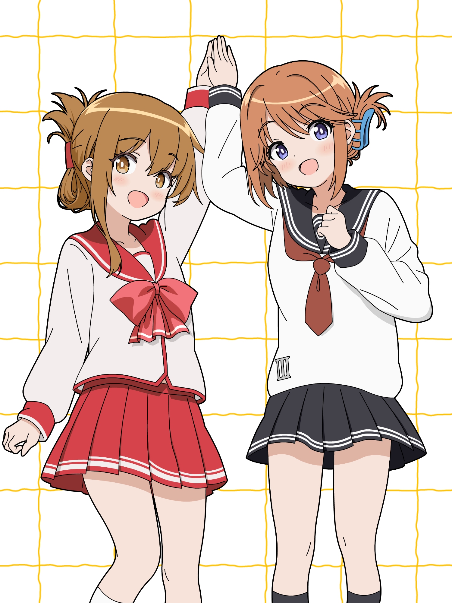 sugapi, inazuma (kancolle), komaki manaka, kantai collection, to heart (series), to heart 2, highres, black sailor collar, black skirt, black socks, blue eyes, brown eyes, brown hair, claw hair clip, cosplay, costume switch, feet out of frame, folded ponytail, grid background, hair ornament, hairclip, inazuma (kancolle) (cosplay), komaki manaka (cosplay), long hair, long sleeves, looking at viewer, miniskirt, neckerchief, pleated skirt, red neckerchief, red sailor collar, red skirt, sailor collar, sailor shirt, school uniform, serafuku, shirt, short hair, skirt, smile, socks, white background, white shirt, white socks