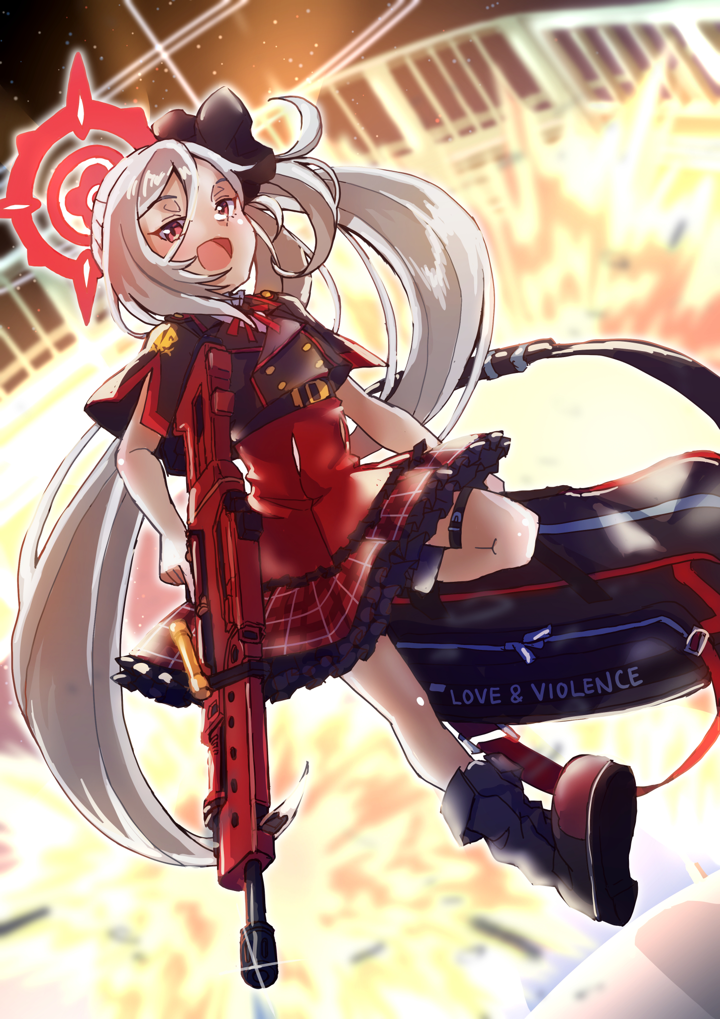 akaimame, mutsuki (blue archive), blue archive, commentary request, highres, 1girl, bag, boots, duffel bag, explosion, explosion background, grey hair, gun, h&k mg5, halo, long hair, looking at viewer, machine gun, night, night sky, open mouth, red eyes, red halo, shirt, side ponytail, skirt, sky, solo, walking, weapon, white hair