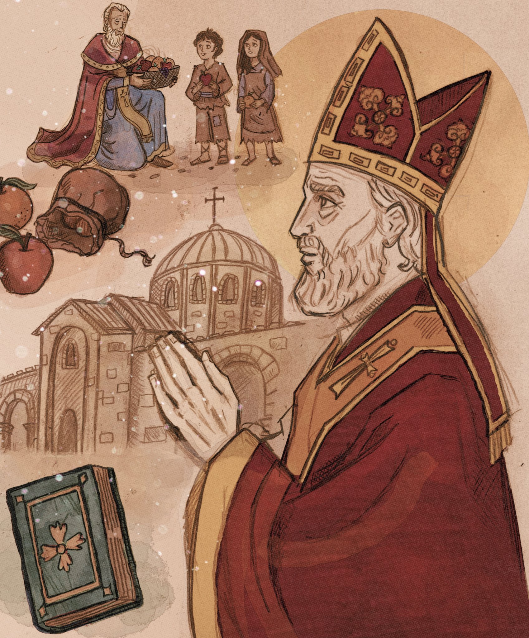 christian mythology, highres, 1girl, 2boys, apple, bag, basket, beard, blue robe, book, church, facial hair, food, fruit, hat, looking up, luxangelae, mitre, multiple boys, nicholas of myra, old, old man, own hands together, praying, priest, red robe, robe, smile