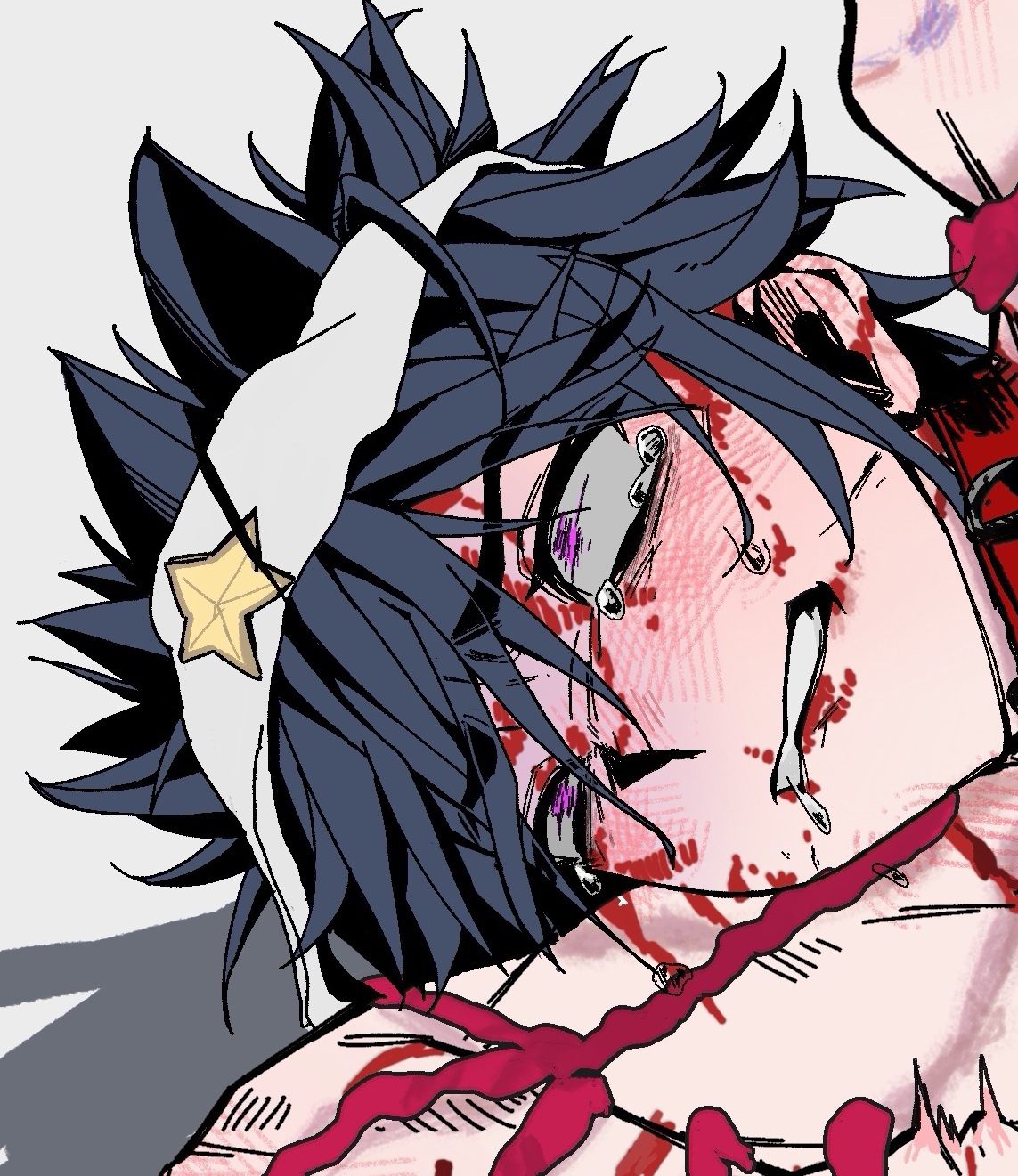 ray (aotu world), aotu world, chinese commentary, highres, 1boy, black hair, bleeding, blood, blood on face, blood splatter, blush, bruise, chain, clenched teeth, collar, crying, crying with eyes open, grey background, hair between eyes, headband, implied sex, implied yaoi, injury, leash, looking up, male focus, messy hair, nosebleed, nude, out of frame, print headband, purple eyes, red collar, saliva, scar, shijian dao duijia jiu biye, short hair, simple background, solo, spiked hair, star (symbol), star print, sweat, tears, teeth, white background, white headband