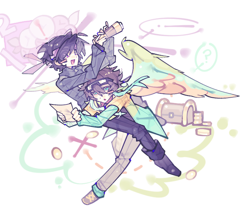 parrotx2, minecraft youtube, chinese commentary, commentary request, 2boys, ?, animification, aoerliangkaochipisa89963, aqua eyes, bird boy, bird wings, black boots, black hair, black pants, black shirt, blush stickers, boots, bright pupils, brown hair, brown pants, brown shoes, goggles, goggles on head, headband, holding, holding map, humanization, jacket, long sleeves, looking at viewer, male focus, map, multicolored jacket, multiple boys, open clothes, open jacket, open mouth, pants, parrot boy, purple eyes, purple headband, shirt, shoes, short hair, simple background, single blush sticker, smile, sneakers, squinting, treasure chest, white background, white pupils, wifies, wings