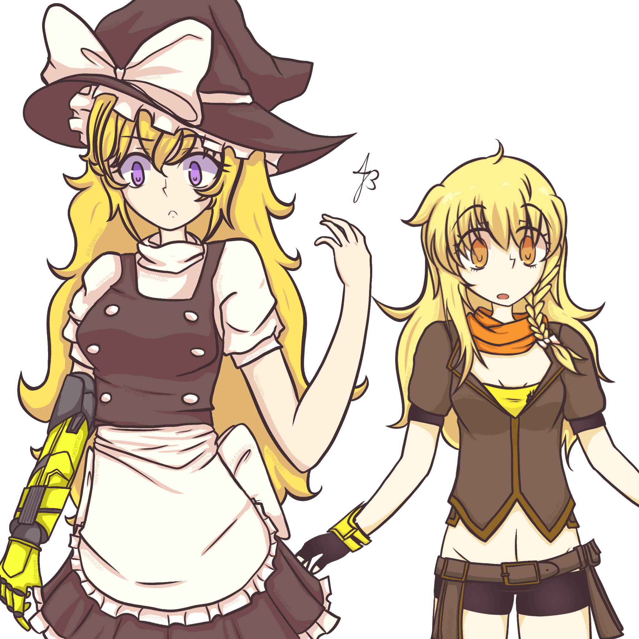 kirisame marisa, yang xiao long, rwby, touhou, highres, 2girls, blonde hair, braid, brown shirt, cosplay, costume switch, haronashi, hat, long hair, mechanical arms, midriff peek, multiple girls, navel, orange eyes, pale skin, purple eyes, shirt, side braid, surprised, wavy hair, witch hat