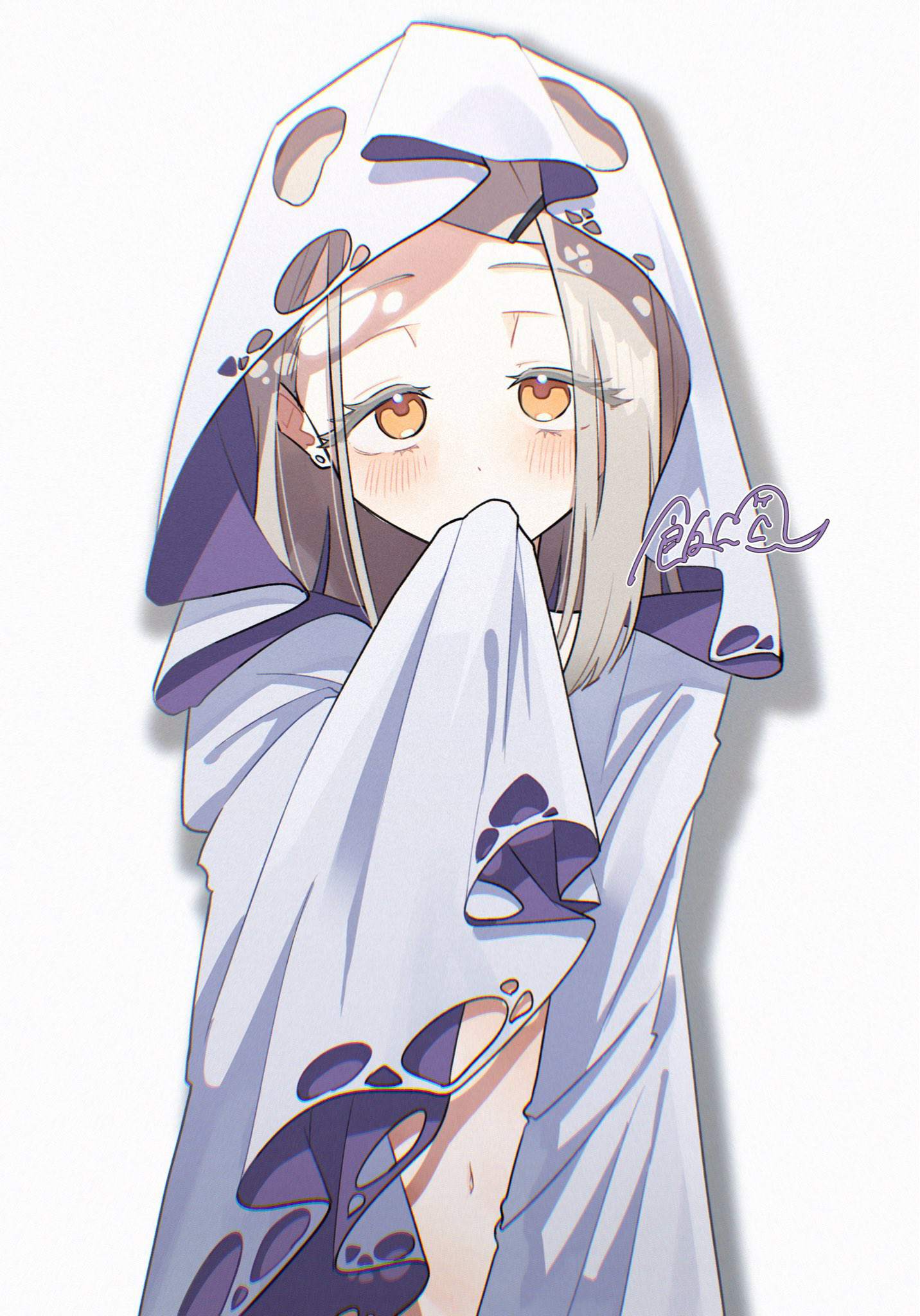 messiah go, shinosawa hiro, gakuen idolmaster, idolmaster, commentary request, highres, 1girl, blonde hair, blush, colored eyelashes, covering own mouth, dot nose, ear piercing, earrings, ghost costume, hand up, jewelry, long hair, looking at viewer, navel, orange eyes, piercing, signature, simple background, solo, standing, straight-on, straight hair, stud earrings, tareme, upper body, white background