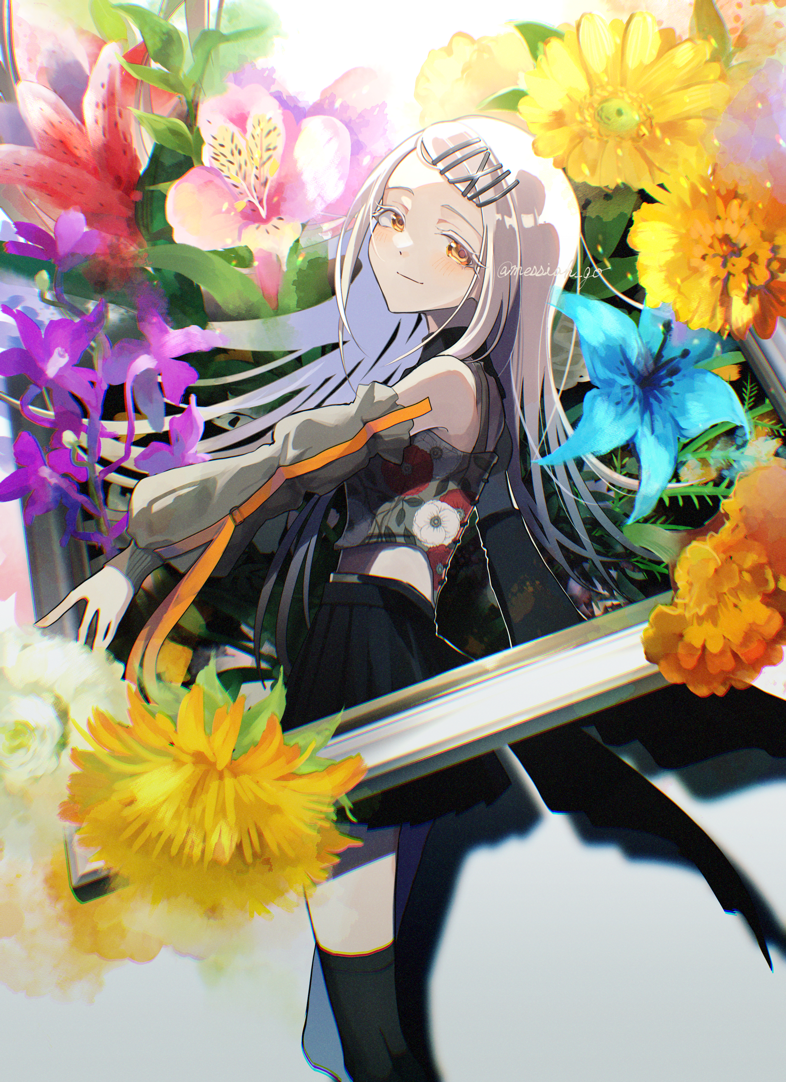 messiah go, shinosawa hiro, gakuen idolmaster, idolmaster, absurdres, commentary request, highres, 1girl, arm strap, backlighting, bare shoulders, black dress, black skirt, black socks, blush, contrast (idolmaster), dress, floral print, floral print dress, flower, grey hair, hair ornament, hairclip, long hair, looking at viewer, midriff, official alternate costume, orange eyes, picture frame, print dress, puffy sleeves, shadow, skirt, smile, socks, solo, twitter username