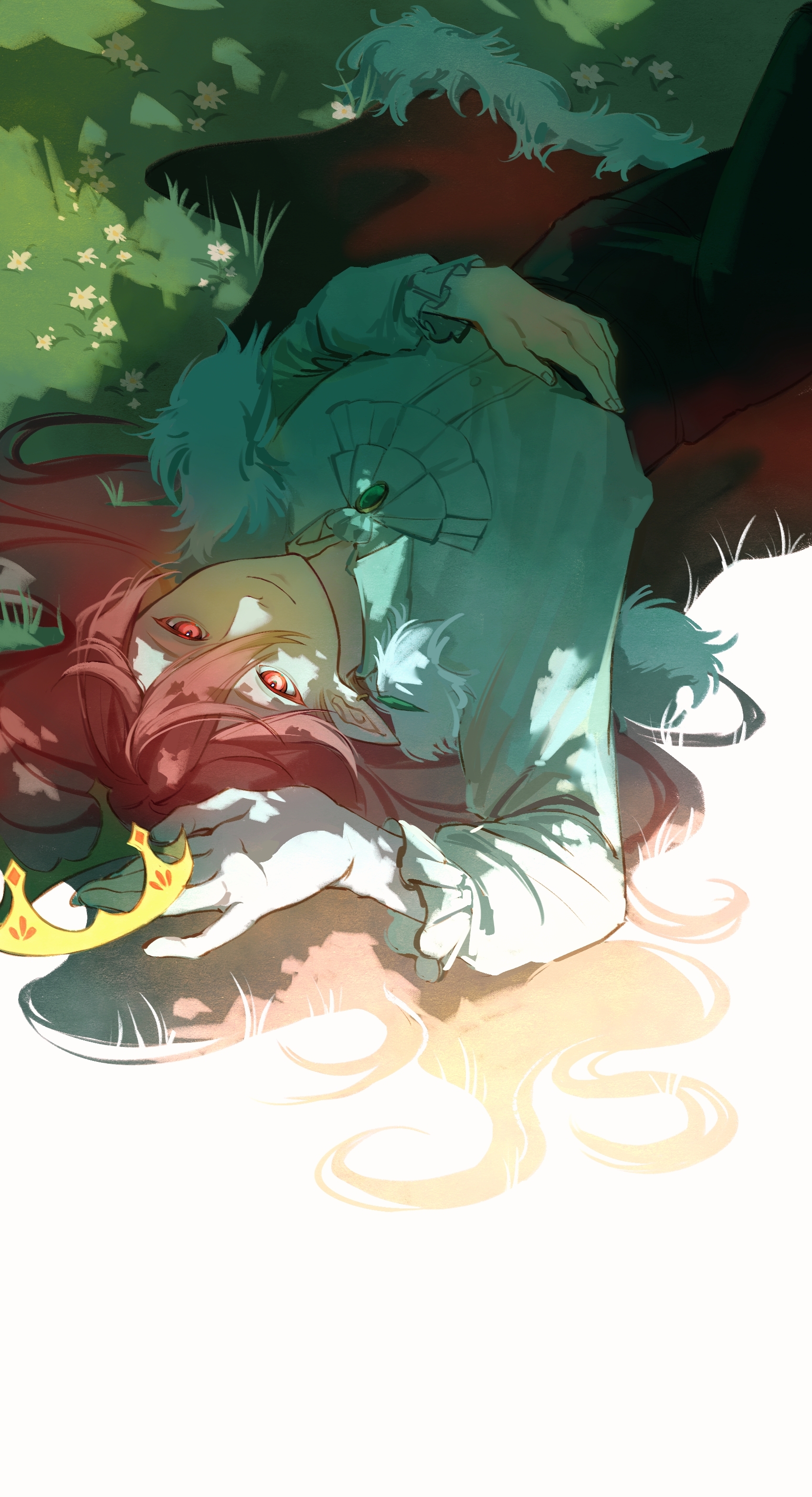 uwu9710530, technoblade, dream smp, minecraft youtube, absurdres, chinese commentary, commentary request, highres, 1boy, androgynous, animification, ascot, bishounen, brooch, cape, crown, earrings, fur-trimmed cape, fur trim, gold crown, grass, hair between eyes, humanization, jewelry, long hair, long sleeves, looking at viewer, lying, male focus, on back, outdoors, pink hair, pointed crown, pointy ears, red cape, red eyes, shirt, single earring, smile, solo, white ascot, white shirt