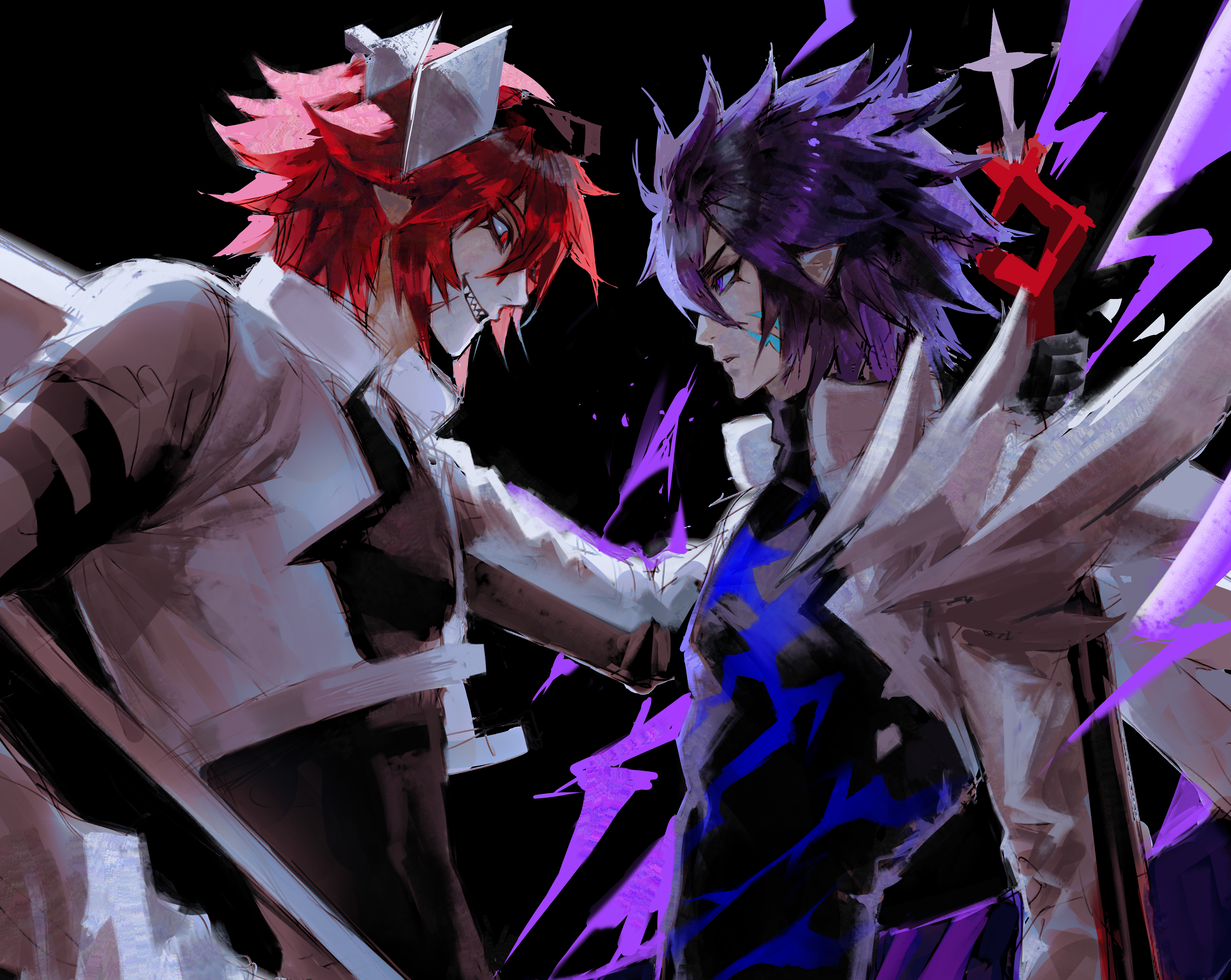 pius (aotu world), ray (aotu world), ray (thunder emperor) (aotu world), aotu world, absurdres, highres, 2062572429, 2boys, arm ribbon, battle, black background, black gloves, black hair, black shirt, clenched teeth, cropped jacket, electricity, electrokinesis, facial scar, from side, fur-trimmed jacket, fur trim, gloves, goggles, goggles on head, grin, hair between eyes, headgear, holding, holding sword, holding weapon, implied yaoi, jacket, looking at another, male focus, multiple boys, official alternate costume, pointy ears, profile, purple eyes, purple hair, red eyes, red hair, ribbon, scar, scar on cheek, scar on face, sharp teeth, shirt, short hair, simple background, smile, sword, teeth, torn clothes, turtleneck, upper body, weapon, white jacket