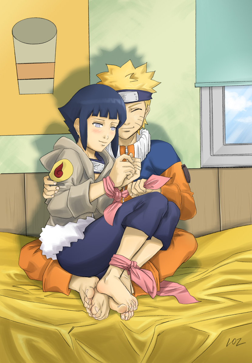 lost1zero, hyuuga hinata, uzumaki naruto, naruto, 1boy, 1girl, bdsm, blush, bondage, bound ankles, bound wrists, couple, smile