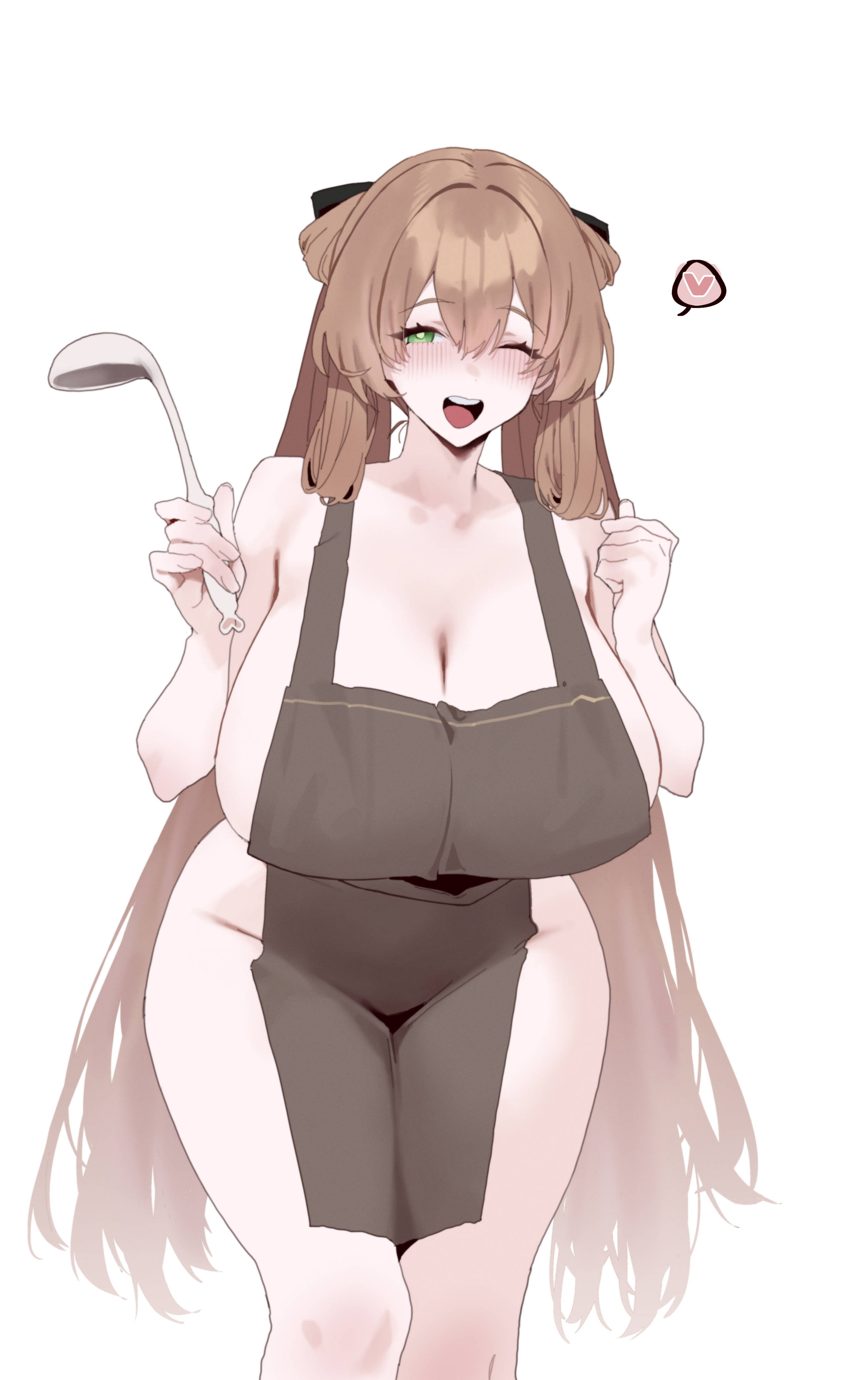 mimyo, springfield (girls' frontline), girls' frontline, absurdres, commentary, highres, paid reward available, 1girl, alternate breast size (larger), apron, blush, breasts, brown hair, cleavage, green eyes, heart, holding, holding ladle, ladle, large breasts, long hair, naked apron, one eye closed, open mouth, simple background, smile, solo, spoken heart, upper body, white background