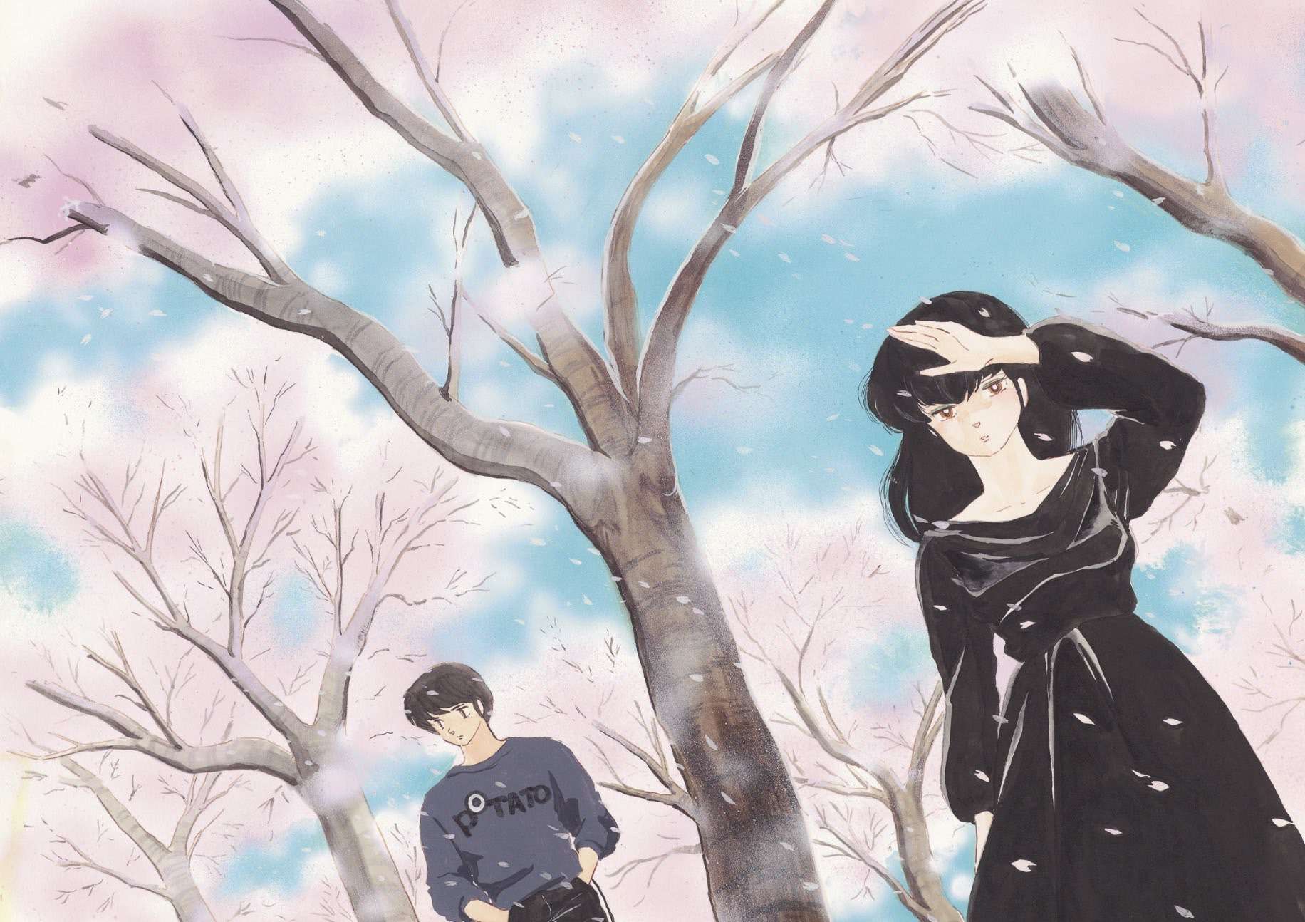 takahashi rumiko, godai yuusaku, otonashi kyouko, maison ikkoku, highres, non-web source, official art, 1boy, 1girl, arm behind back, arm up, black dress, black hair, black pants, blue sky, brown eyes, cherry blossoms, cherry tree, dress, funeral dress, grey shirt, hands in pockets, long hair, long skirt, looking at viewer, looking to the side, pants, print shirt, shirt, short hair, skirt, sky, tree