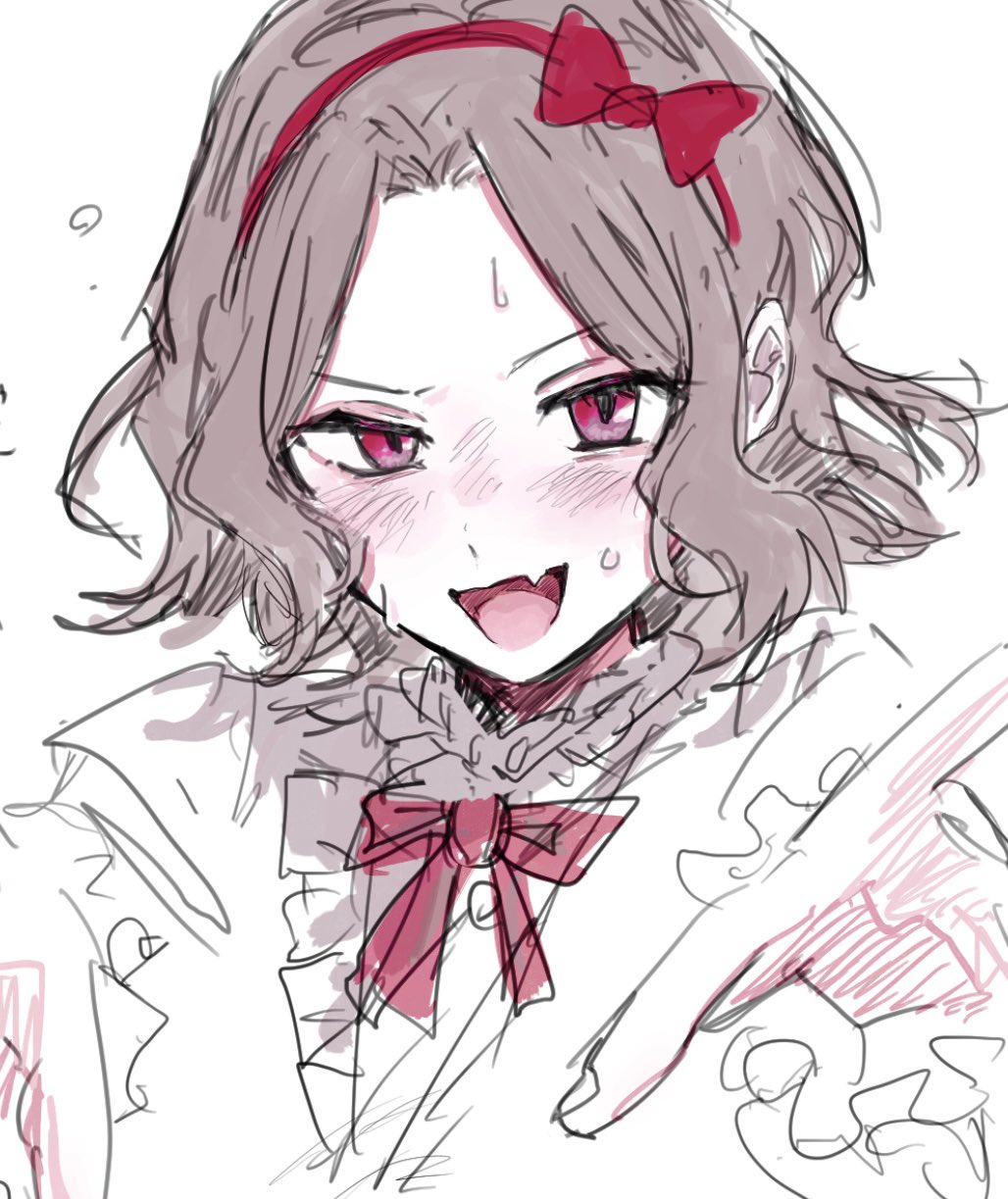ebizuka tomo, girls band cry, commentary request, highres, 1girl, blush, bow, bow hairband, bowtie, brown hair, fang, fanyaan, hairband, looking at viewer, medium hair, pink eyes, red bow, red bowtie, skin fang, solo, sweat