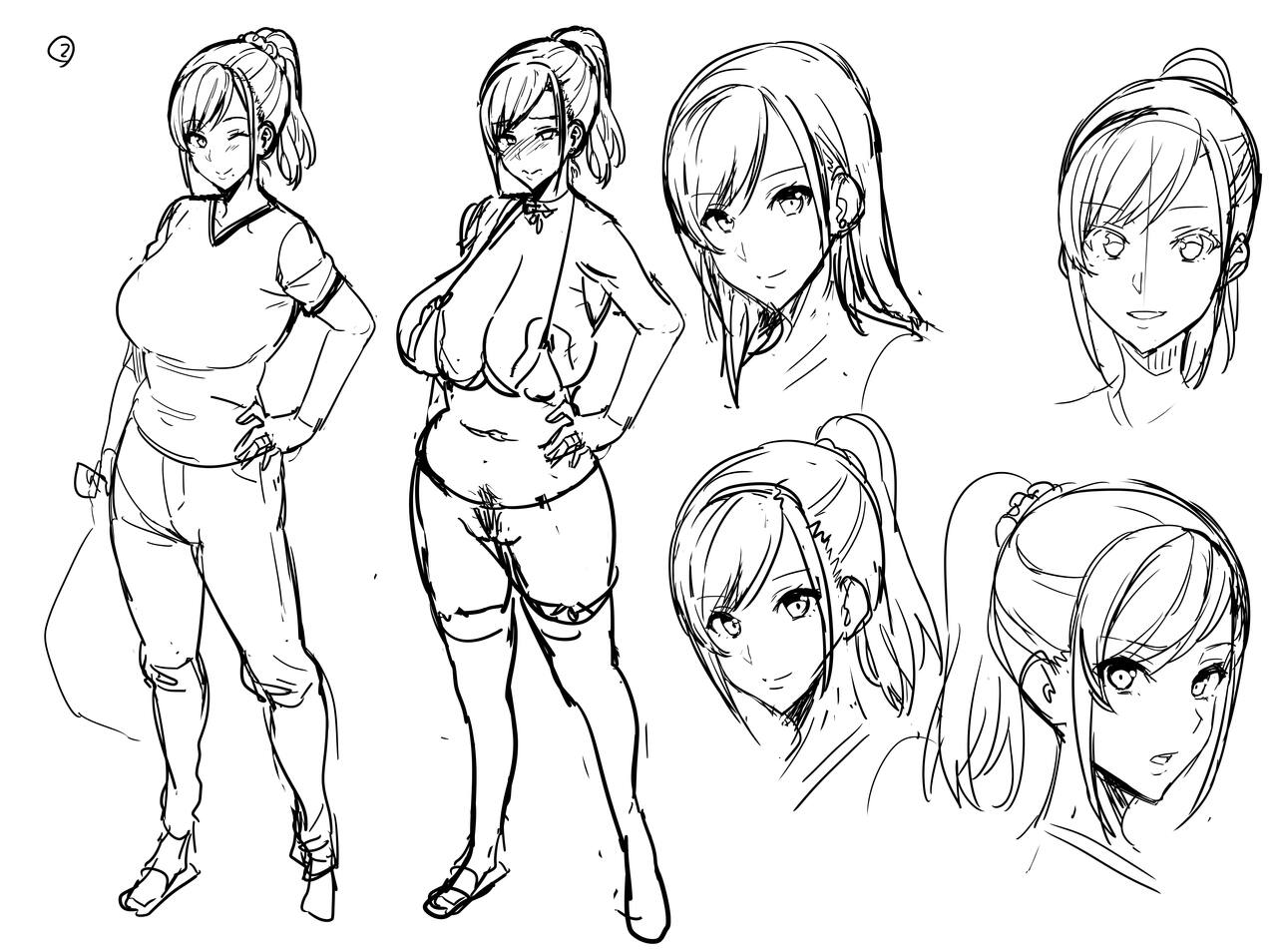 takeda hiromitsu, himawari wa yoru ni saku, 1girl, bikini, blush, breasts, clothes on and off, cropped head, cropped shoulders, embarrassed, full body, greyscale, hand on own hip, large breasts, legs apart, looking at viewer, micro bikini, monochrome, multiple expressions, multiple views, nervous smile, one eye closed, pants, ponytail, short hair, sidelocks, sketch, smile, standing, swept bangs, swimsuit, thighhighs, white background, wink