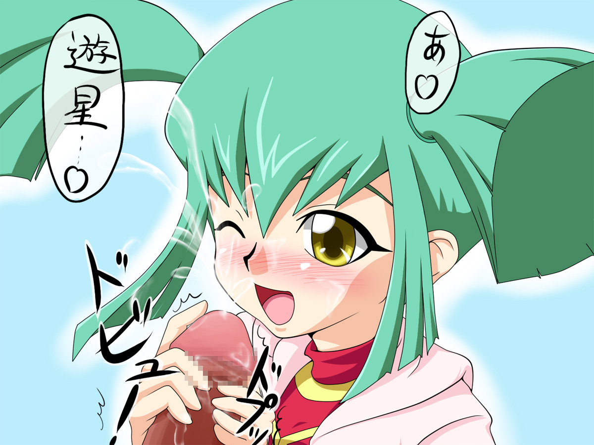 takappe, luca (yu-gi-oh!), yu-gi-oh!, yu-gi-oh! 5d's, translation request, 00s, blush, censored, green hair, loli, mosaic censoring, one eye closed, open mouth, penis, precum, text focus