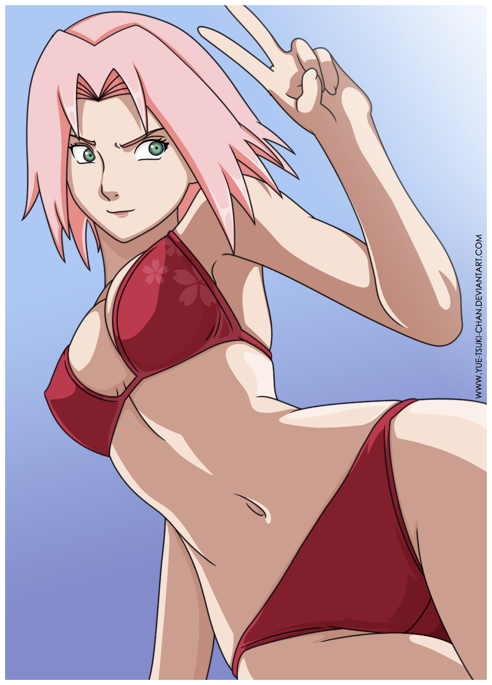yue-tsuki-chan, haruno sakura, naruto (classic), naruto (series), highres, bikini, breasts, green eyes, pink hair, short hair, solo, swimsuit, v
