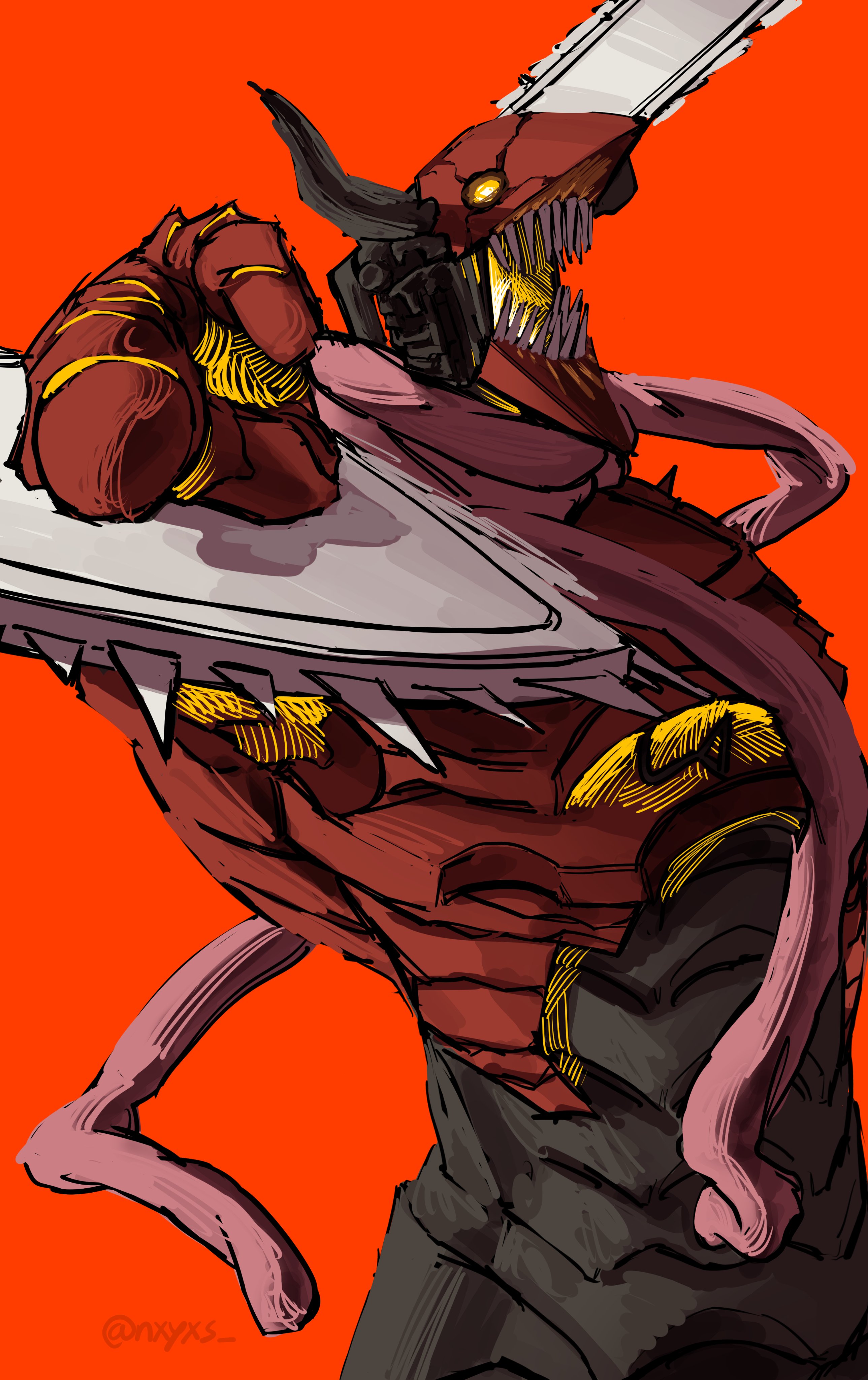 chainsaw devil, denji (chainsaw man), chainsaw man, 1boy, from below, horns, jojo pose, nxyxs, pointing, pointing at viewer, red background, sharp teeth, teeth