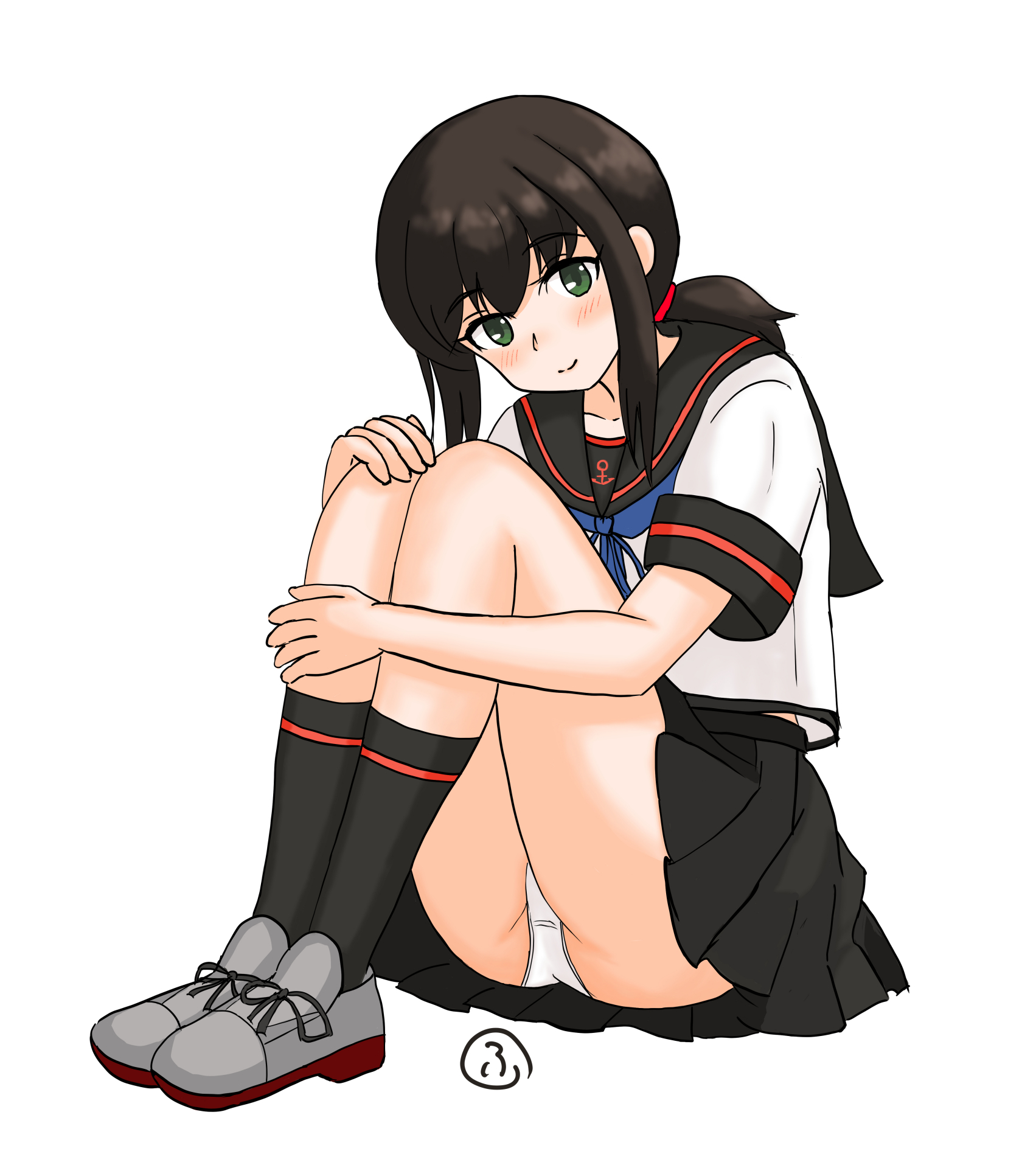 fubuki (kancolle), fubuki kai ni (kancolle), kantai collection, highres, 1girl, black hair, black sailor collar, black skirt, black socks, blue neckerchief, fiotan, green eyes, grey shoes, hugging own legs, long hair, low ponytail, neckerchief, panties, pleated skirt, ponytail, sailor collar, school uniform, serafuku, shirt, shoes, short ponytail, sidelocks, simple background, sitting, skirt, socks, solo, underwear, white background, white panties, white shirt
