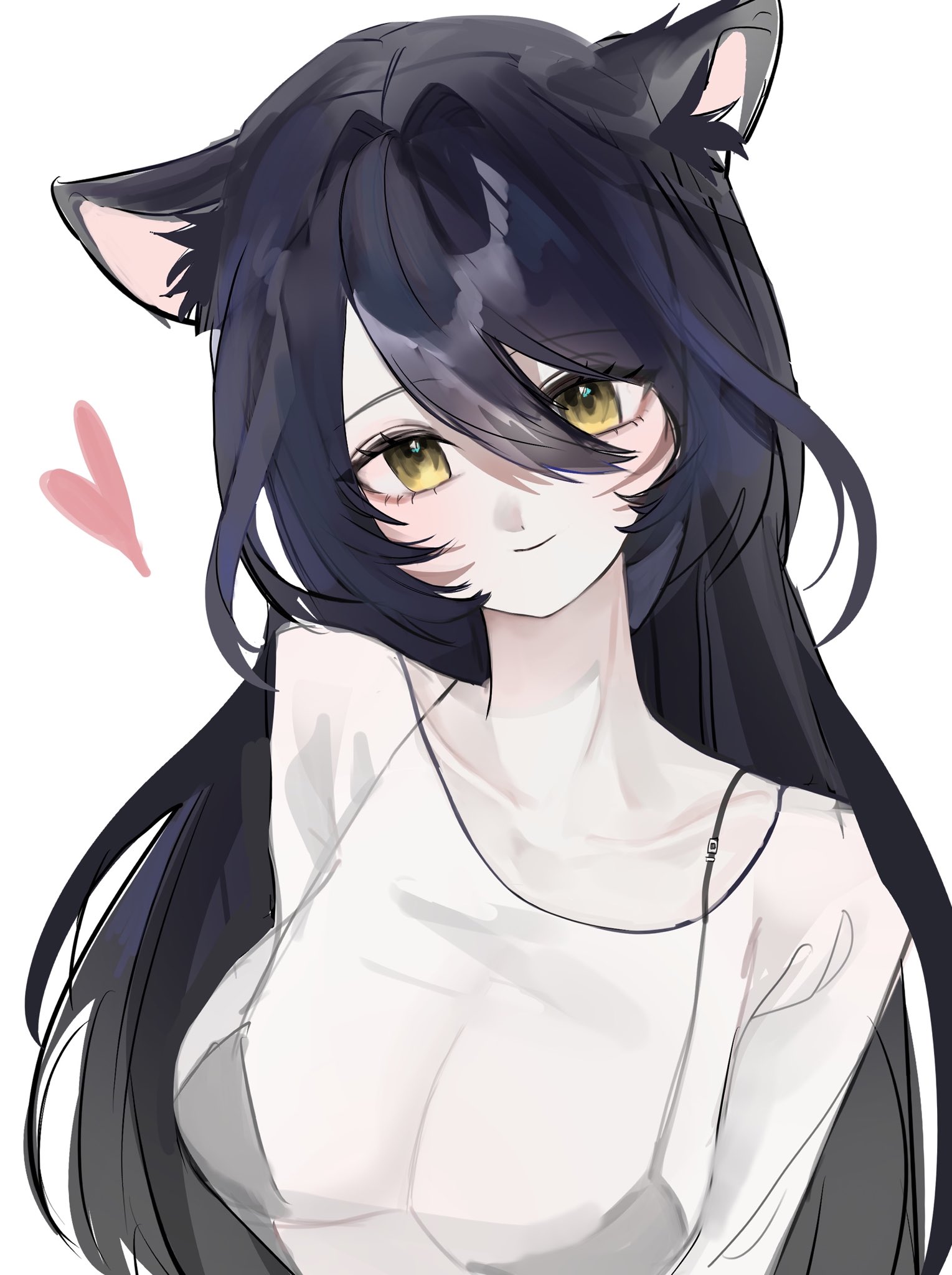 ahri (league of legends), league of legends, hashtag-only commentary, highres, 1girl, animal ears, bikini, black bikini, black hair, breasts, closed mouth, facial mark, fox ears, fox girl, hair between eyes, heart, large breasts, long hair, looking at viewer, peng8 8, see-through clothes, smile, solo, swimsuit, yellow eyes