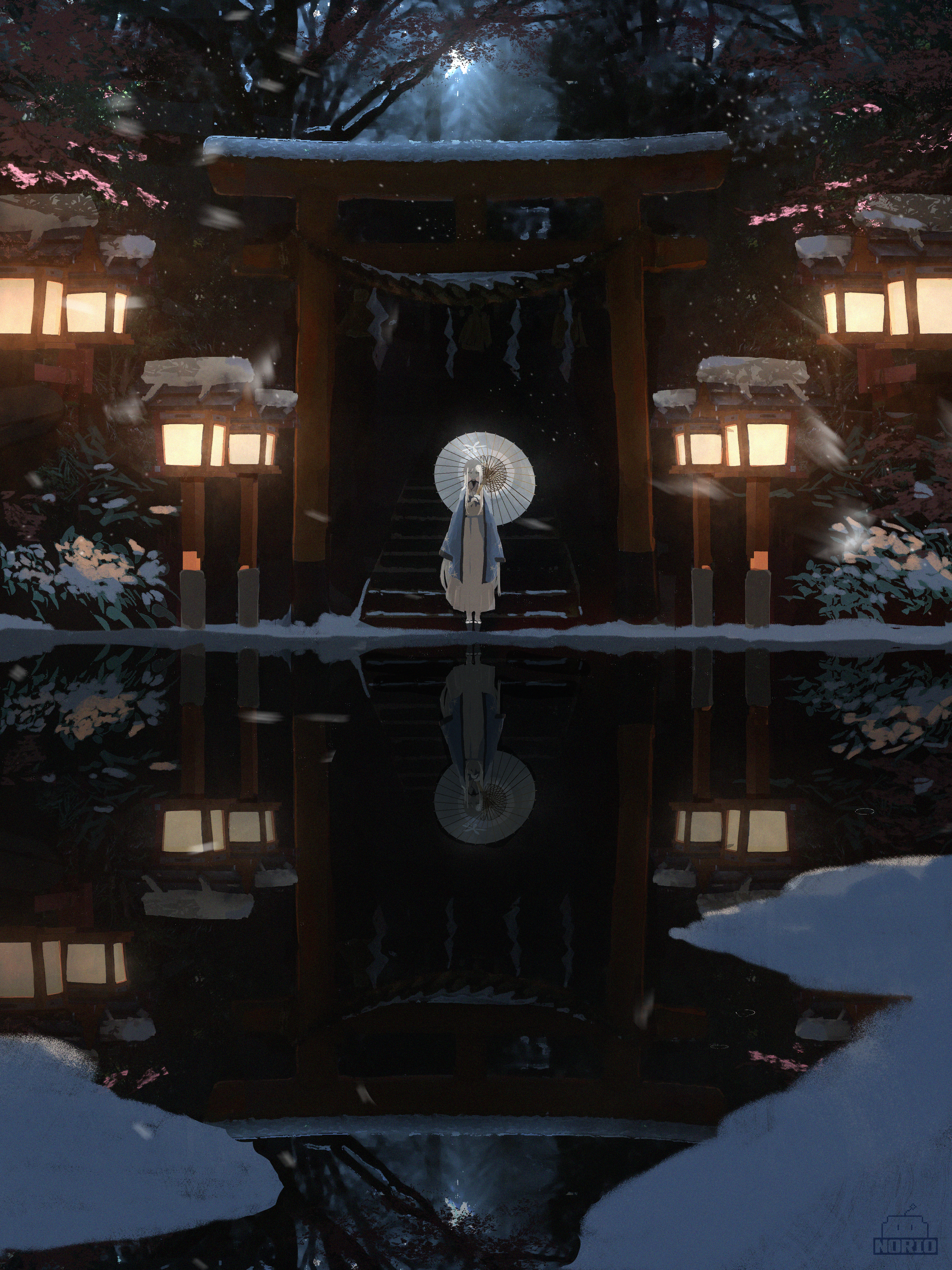 norio (norio386), nagusa (blue archive), blue archive, absurdres, commentary request, highres, 1girl, architecture, artist logo, artist name, blue haori, east asian architecture, halo, haori, holding, holding umbrella, japanese clothes, lantern, logo, long hair, long skirt, night, oil-paper umbrella, outdoors, reflection, reflective liquid, scenery, school uniform, serafuku, skirt, snow, snowflake halo, snowing, solo, stairs, torii, tree, umbrella, umbrella over shoulder, very long hair, water, white hair, white halo, white serafuku, white skirt, white umbrella, wooden lantern