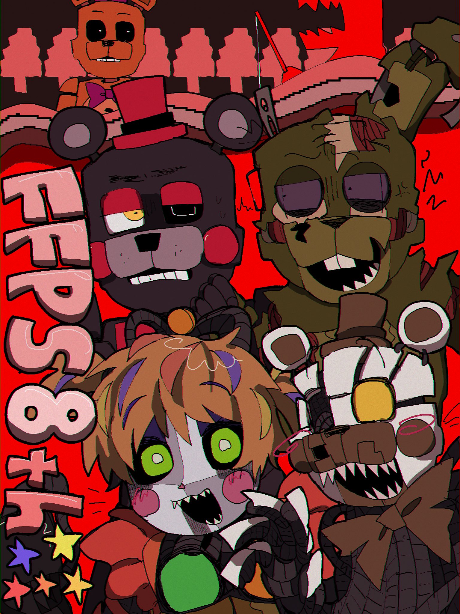 fredbear (fnaf), lefty (fnaf), scrap baby, five nights at freddy's, freddy fazbear's pizzeria simulator, commentary, commentary request, english commentary, highres, mixed-language commentary, animal ears, animatronic, anniversary, bear ears, blush stickers, fishing rod, green eyes, hat, humanoid robot, molten freddy, multicolored hair, old man consequences, raise wa ka, red hair, red hat, robot, scraptrap, sharp teeth, star (symbol), streaked hair, teeth, top hat, twintails, yellow eyes