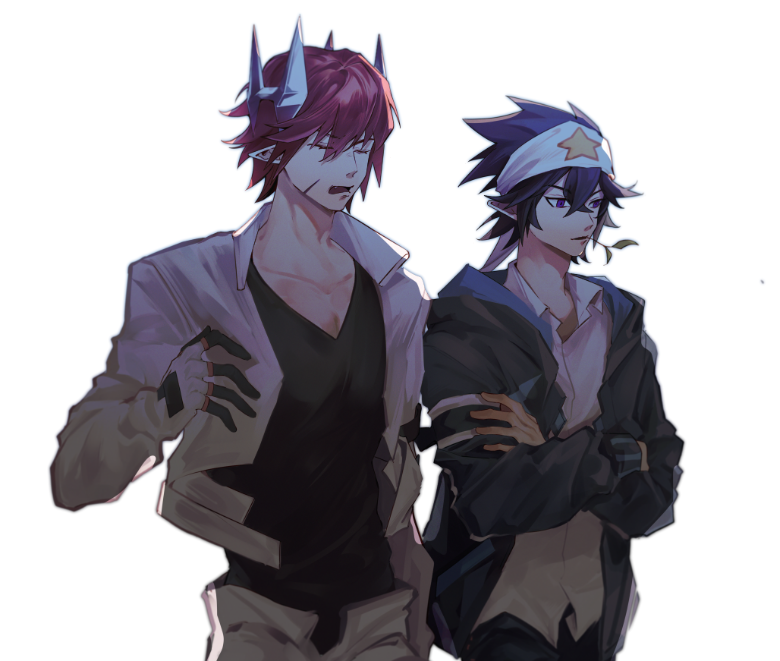 pius (aotu world), ray (aotu world), aotu world, 2boys, bandana, black gloves, black hair, black jacket, black pants, black shirt, closed eyes, collarbone, collared shirt, crossed arms, facial scar, gloves, hair between eyes, headband, headgear, implied yaoi, jacket, long sleeves, looking at another, looking to the side, male focus, mouth hold, multicolored gloves, multiple boys, open clothes, open jacket, open mouth, pants, parted lips, pointy ears, print headband, purple eyes, purple hair, red eyes, red hair, scar, scar on cheek, scar on face, shirt, short hair, simple background, spiked hair, stalk in mouth, star (symbol), star print, upper body, v-neck, white background, white gloves, white headband, white jacket, white pants, white shirt, yomoya (shoushoushangle woxianghuijia)
