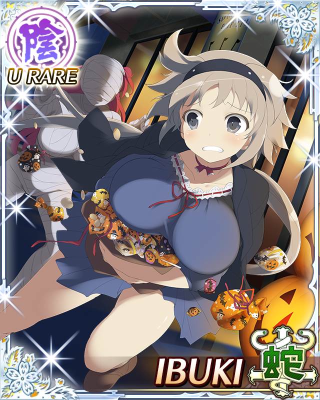 ashiya (senran kagura), ibuki (senran kagura), senran kagura, senran kagura new wave, game cg, official art, third-party source, 2girls, bandages, black coat, black hairband, blue dress, border, breasts, brown hair, candy, card (medium), character name, clenched teeth, coat, coat on shoulders, dress, food, grey eyes, hairband, halloween, holding, holding candy, holding food, large breasts, long hair, looking back, low twintails, multiple girls, mummy costume, red hair, running, scared, solo focus, tearing up, teeth, trick or treat, twintails