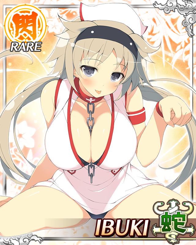 ibuki (senran kagura), senran kagura, senran kagura new wave, game cg, official art, third-party source, 1girl, :p, armband, black hairband, black panties, blush, border, bra, bra peek, breasts, brown hair, card (medium), chain, chain between breasts, chain leash, character name, cleavage, grey eyes, hairband, hat, large breasts, leaning forward, leash, long hair, looking at viewer, low twintails, nurse, nurse cap, panties, paw pose, sitting, solo, tongue, tongue out, twintails, underwear, wariza