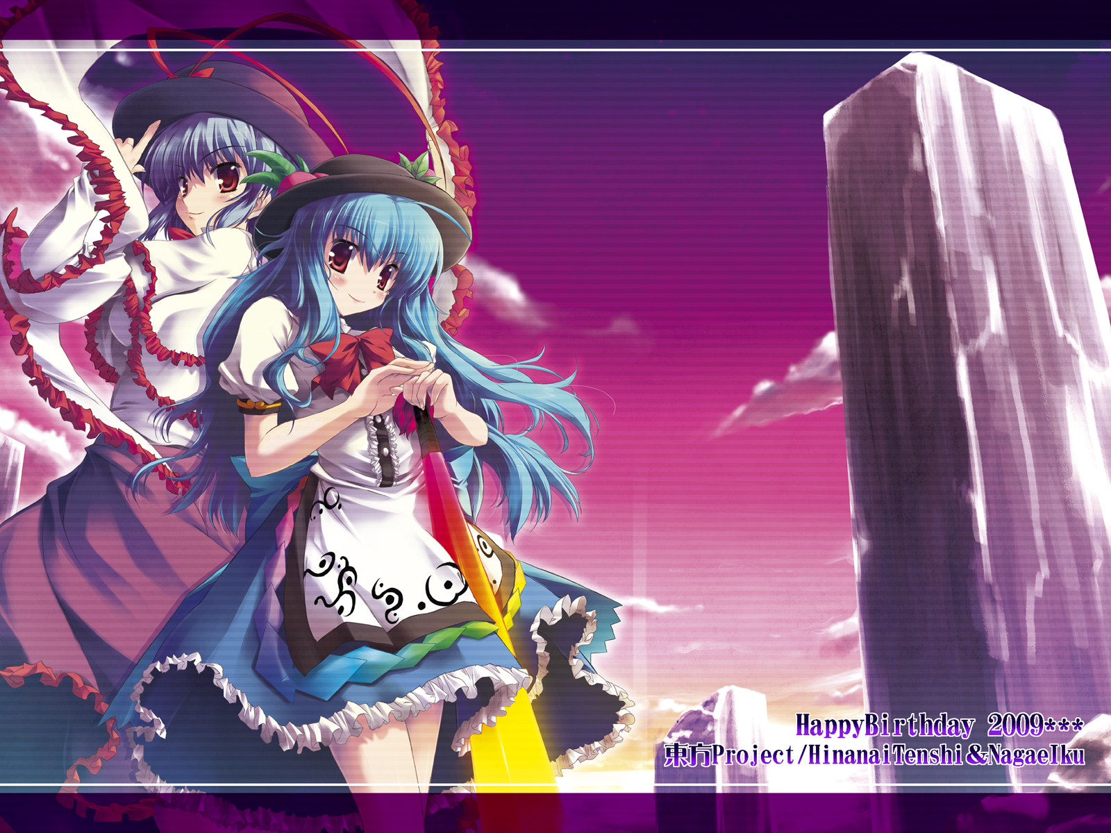 happy birthday (artist), hinanawi tenshi, nagae iku, touhou, highres, 2girls, blue hair, dress, female focus, food, frills, fruit, hat, lipstick, long hair, makeup, multiple girls, peach, red eyes, short hair, smile, sword, sword of hisou, thighs, weapon