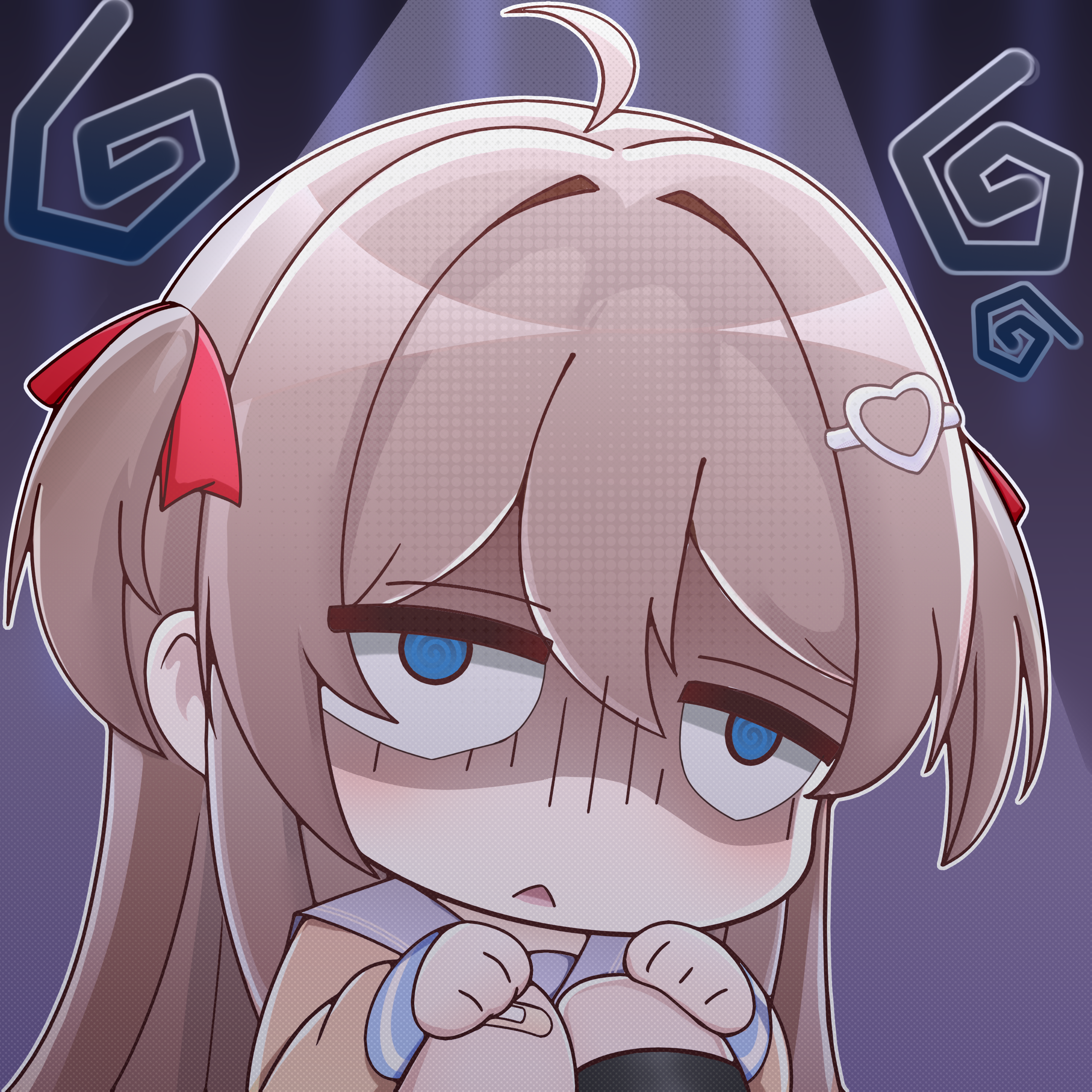 evil neuro-sama, neuro-sama, absurdres, commentary, english commentary, highres, 1girl, @ @, ahoge, bandaid, bandaid on knee, bandaid on leg, black thighhighs, blue eyes, blue sailor collar, brown hair, cardigan, chibi, chibi only, from side, gloom (expression), hair between eyes, hair ornament, hair ribbon, heart, heart hair ornament, long hair, long sleeves, red ribbon, ribbon, sailor collar, single thighhigh, solo, sticker (medium), thighhighs, triangle mouth, two side up, user mrsd7573, vedal ai, yellow cardigan