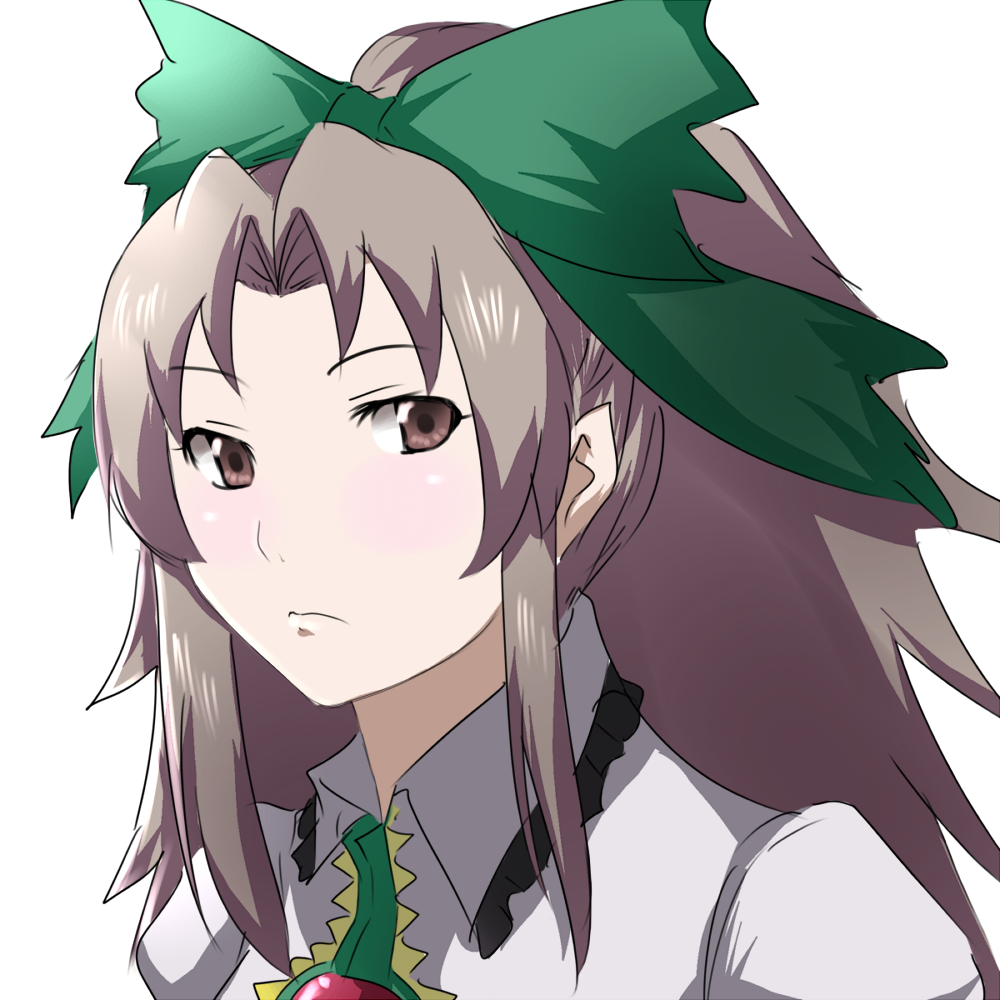 reon (pixiv), reon (saikyou), reiuji utsuho, touhou, 1girl, brown hair, female focus, hair ribbon, long hair, portrait, ribbon, simple background, solo, upper body, white background, wings