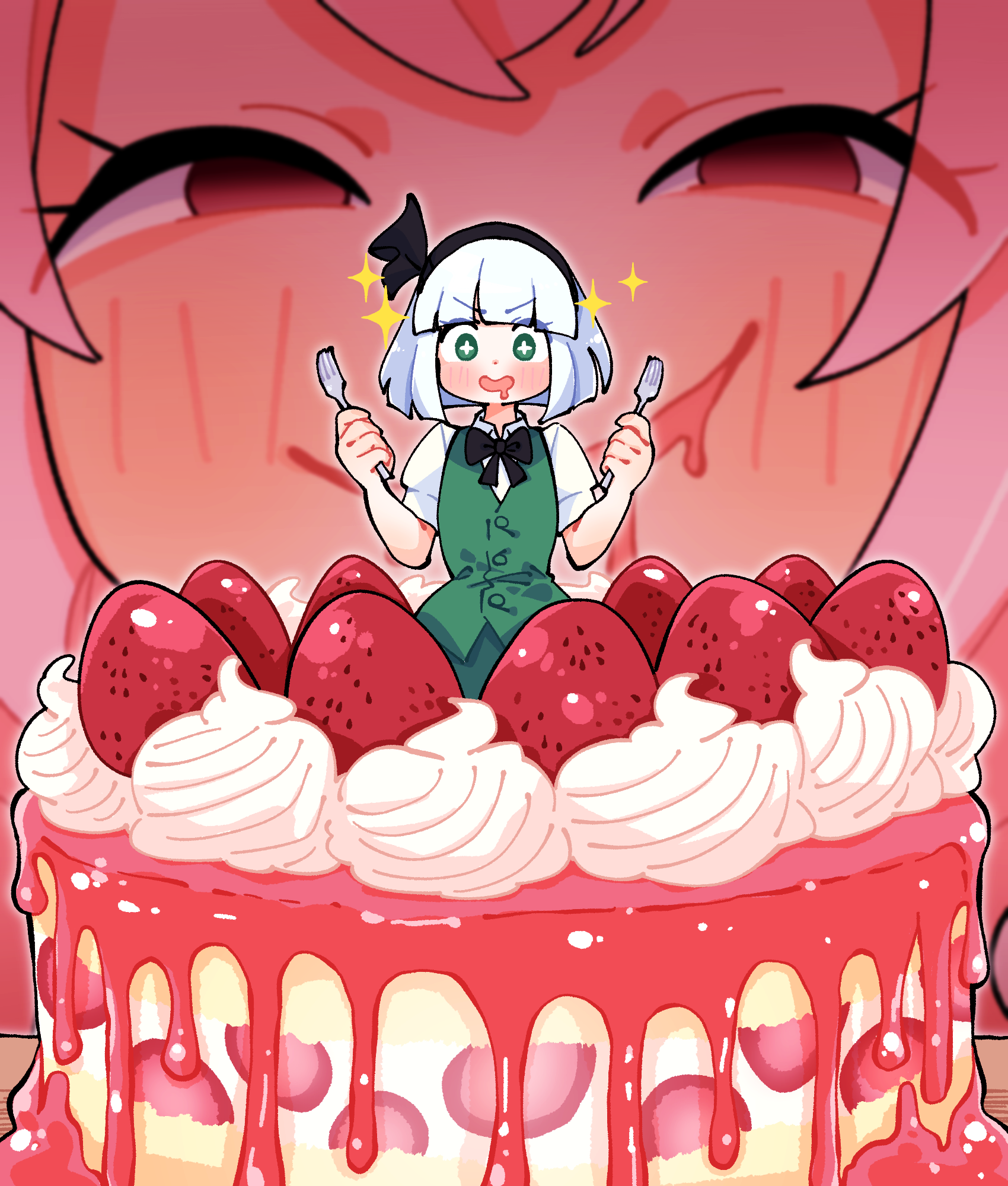 gram 9, konpaku youmu, saigyouji yuyuko, touhou, highres, 2girls, black bow, black bowtie, blush, bow, bowtie, cake, drooling, food, fork, fruit, green eyes, green skirt, green vest, hairband, holding, holding fork, medium hair, mini person, mouth drool, multiple girls, pink eyes, pink hair, shirt, short sleeves, skirt, smile, strawberry, strawberry cake, vest, white hair, white shirt
