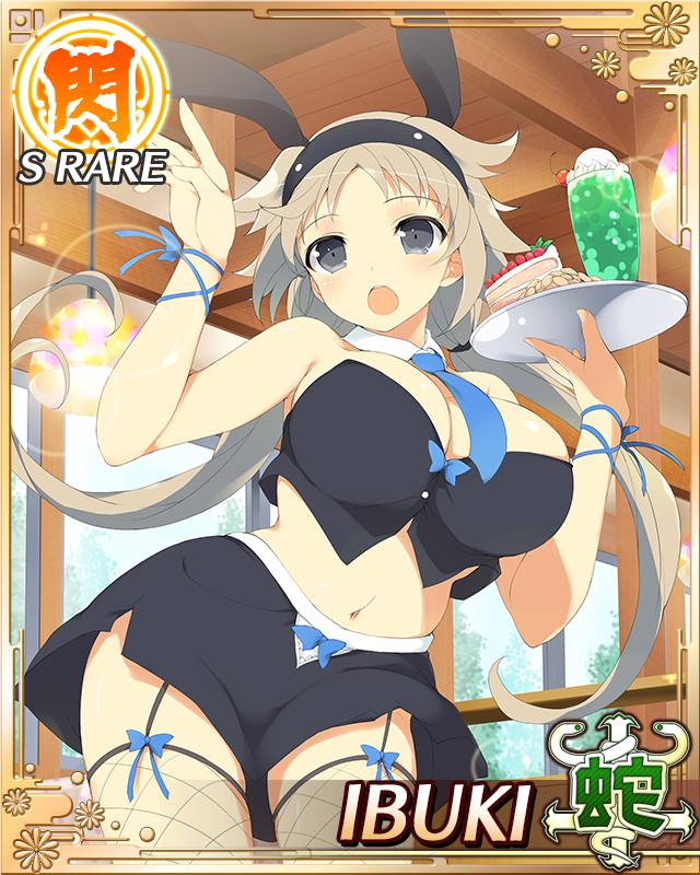 ibuki (senran kagura), senran kagura, senran kagura new wave, game cg, official art, third-party source, 1girl, :o, animal ear hairband, animal ears, arms up, black garter straps, black hairband, black shorts, blue necktie, blue ribbon, border, breasts, brown hair, cake, cake slice, card (medium), character name, cleavage, crop top, cropped vest, detached collar, fake animal ears, fishnet thighhighs, fishnets, food, garter straps, grey eyes, hairband, holding, holding tray, ice cream, ice cream float, indoors, large breasts, long hair, low twintails, navel, necktie, playboy bunny, rabbit ear hairband, rabbit ears, ribbon, shorts, skindentation, sleeveless vest, solo, thighhighs, tray, twintails, vest, waitress, wrist ribbon