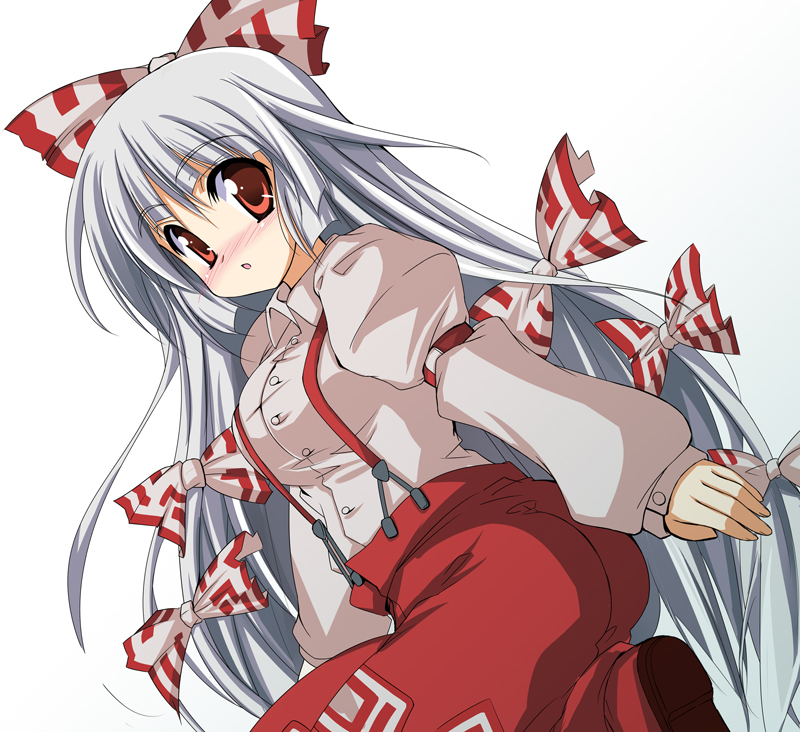 sen (astronomy), fujiwara no mokou, touhou, silver hair, bad id, bad pixiv id, 1girl, blush, female focus, gradient background, hair ribbon, long hair, red eyes, ribbon, solo, suspenders, very long hair