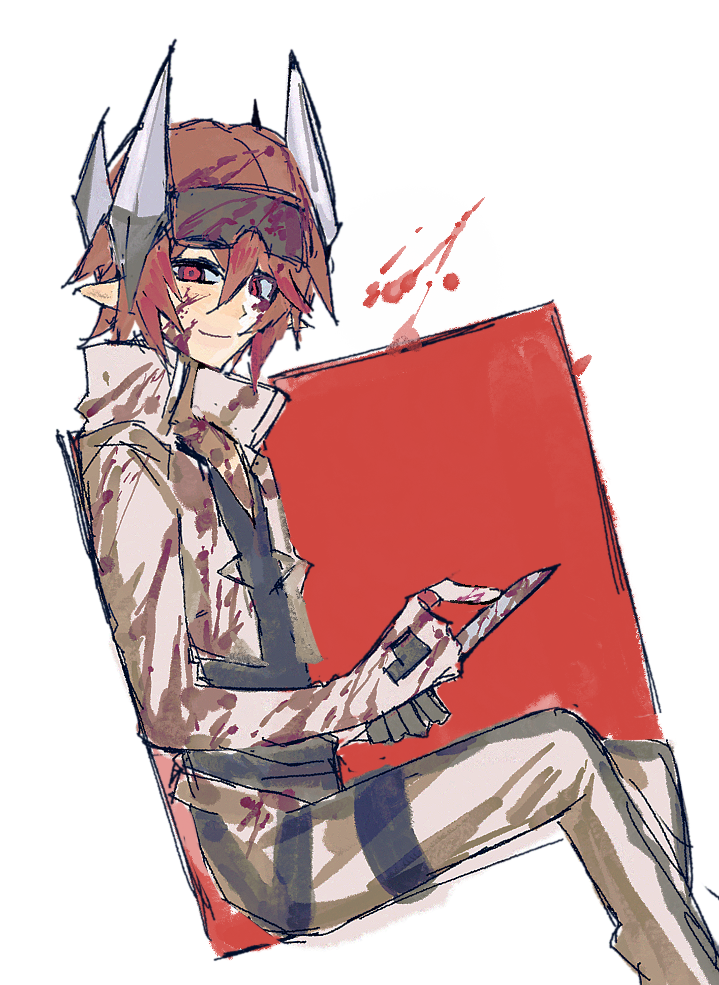 pius (aotu world), aotu world, highres, 1boy, 404notfound (7817693555), black shirt, blood, blood on body, blood on clothes, blood on face, blood on hands, blood splatter, bloody knife, closed mouth, cropped jacket, gloves, goggles, goggles on head, headgear, high collar, holding, holding knife, jacket, knife, looking at viewer, male focus, multicolored gloves, oekaki, pants, pointy ears, red eyes, red hair, shirt, sitting, smile, solo, thigh strap, v-neck, white gloves, white jacket, white pants