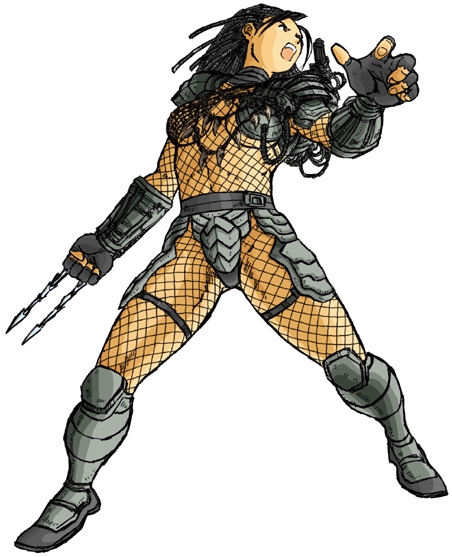 max kim, machiko noguchi, predator (character), alien (series), alien vs. predator, capcom, predator (1987), predator (series), spoilers, 1boy, 1girl, arm blade, armor, bodystocking, dreadlocks, female focus, fingerless gloves, fishnet bodystocking, fishnets, gloves, leather straps, plasma cannon, predator girl, retro artstyle, science fiction, shoulder cannon, simple background, solo, toned, toned female, weapon, wrist blades