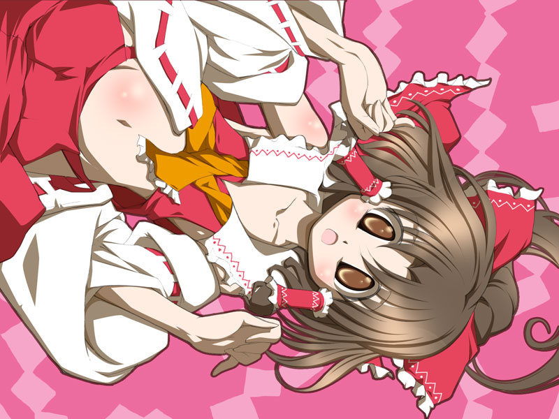 chamupei, hakurei reimu, touhou, 1girl, blush, brown eyes, brown hair, collarbone, detached sleeves, dutch angle, female focus, hair ribbon, japanese clothes, lying, midriff, miko, navel, ribbon, short hair, solo