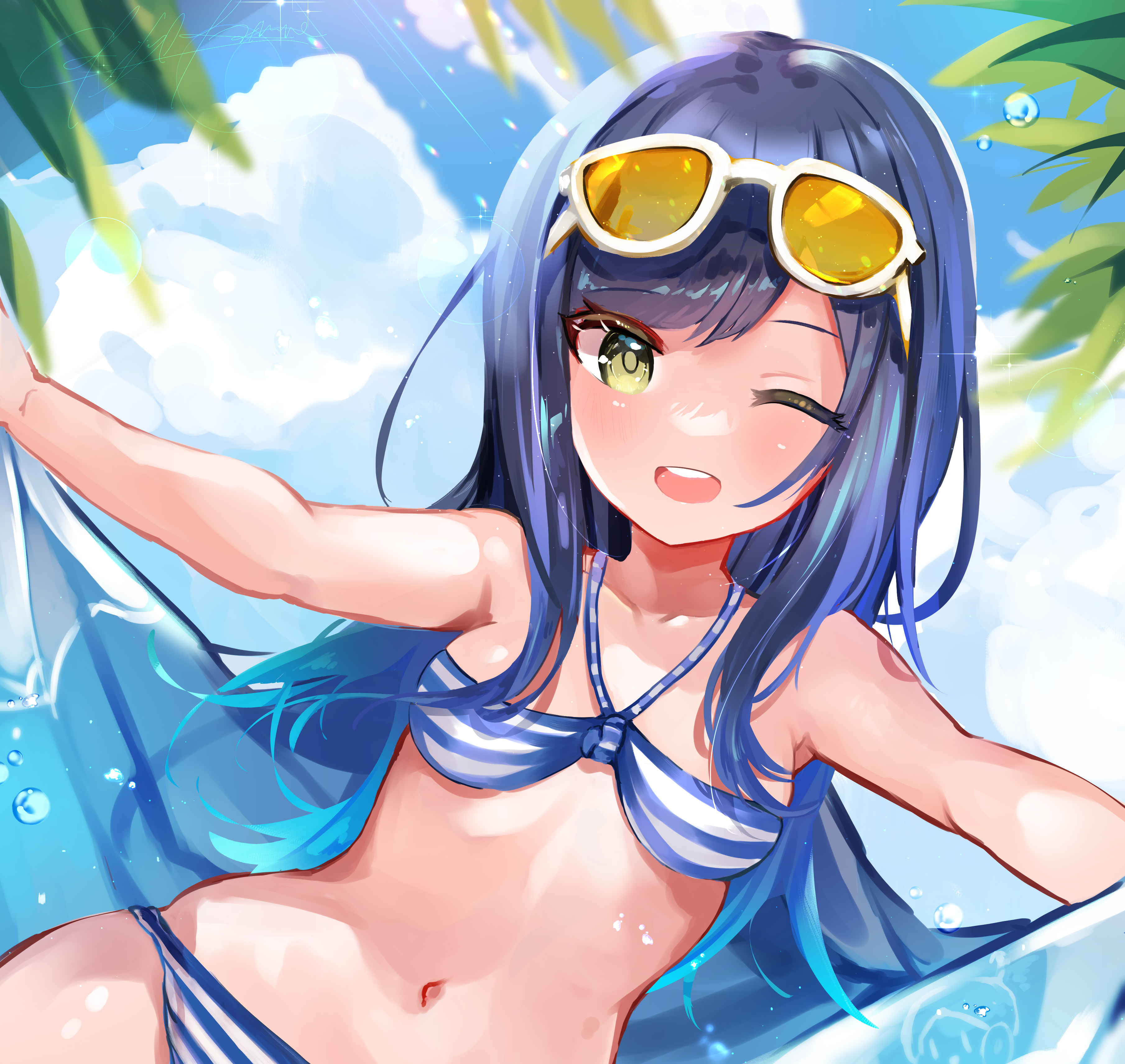 ramune ramune, station memories, absurdres, highres, 1girl, bikini, blue sky, breasts, cloud, enoshima natsumi, eyewear on head, halterneck, long hair, one eye closed, open mouth, round teeth, sky, small breasts, smile, solo, striped bikini, striped clothes, sunglasses, swimsuit, teeth, tinted eyewear, upper teeth only, yellow-tinted eyewear, yellow eyes