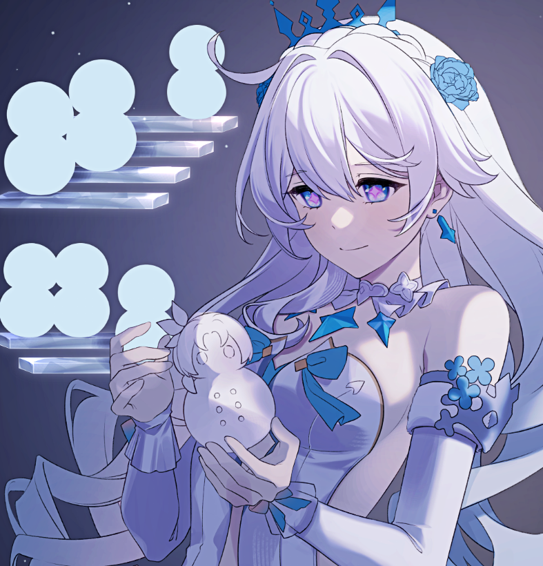 tana (tanabio), kiana kaslana, kiana kaslana (ba-dum! fiery wishing star), kiana kaslana (wintery wishes), murata himeko, honkai (series), honkai impact 3rd, character snowman, commentary, english commentary, 1girl, ahoge, bare shoulders, blue eyes, breasts, diamond-shaped pupils, diamond (shape), dress, earrings, jewelry, large breasts, long hair, official alternate costume, smile, solo, symbol-shaped pupils, tiara, very long hair, white dress, white hair