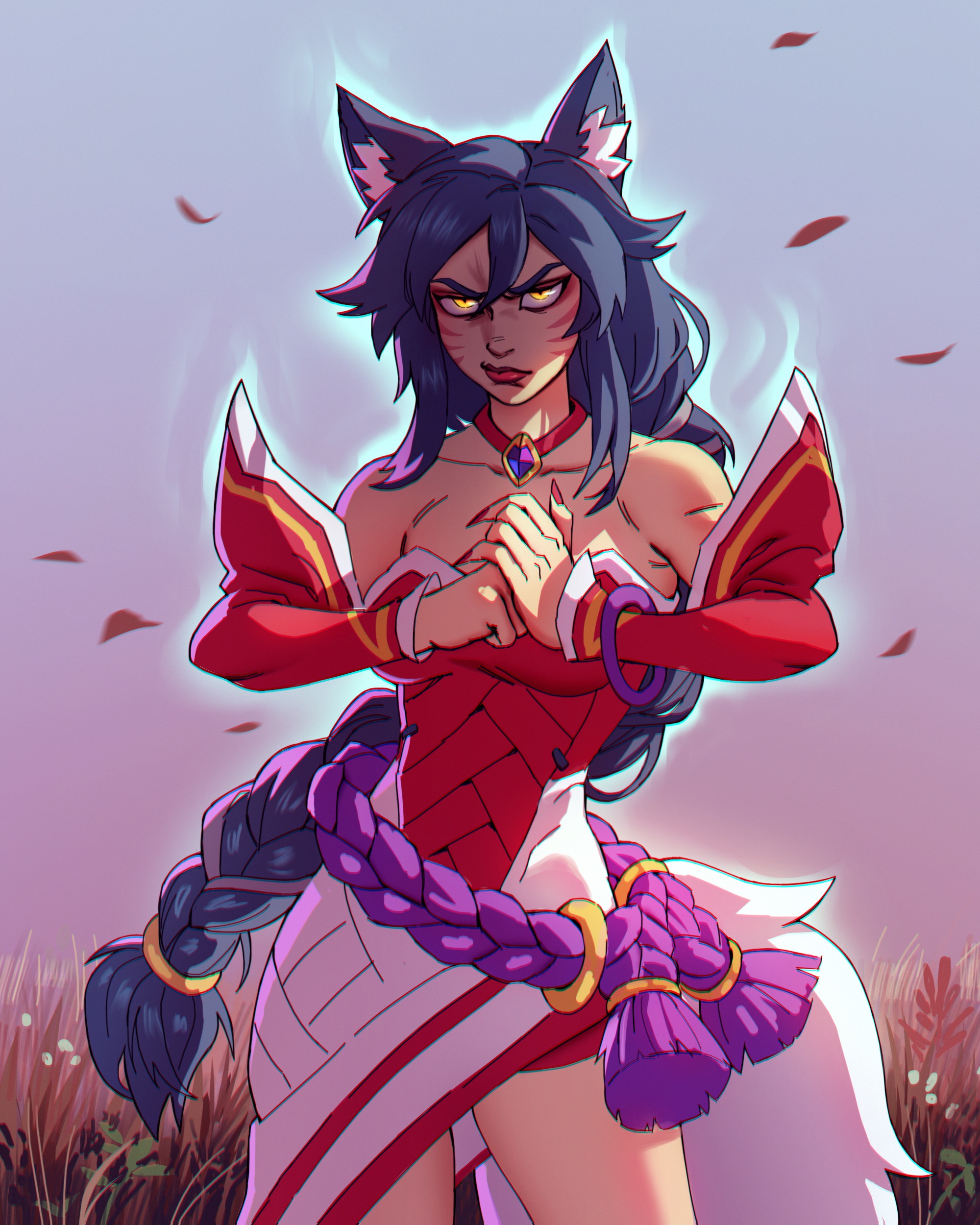 ahri (league of legends), 2xko, absurdres, commentary, english commentary, highres, 1girl, angry, animal ear fluff, aura, bare shoulders, black hair, braid, braided ponytail, breasts, cleavage, cowboy shot, detached sleeves, facial mark, fox girl, fox tail, kitsune, korean clothes, large breasts, long hair, looking at viewer, ricefarmer272, serious, sidelocks, solo, tail, v-shaped eyebrows, whisker markings, yellow eyes