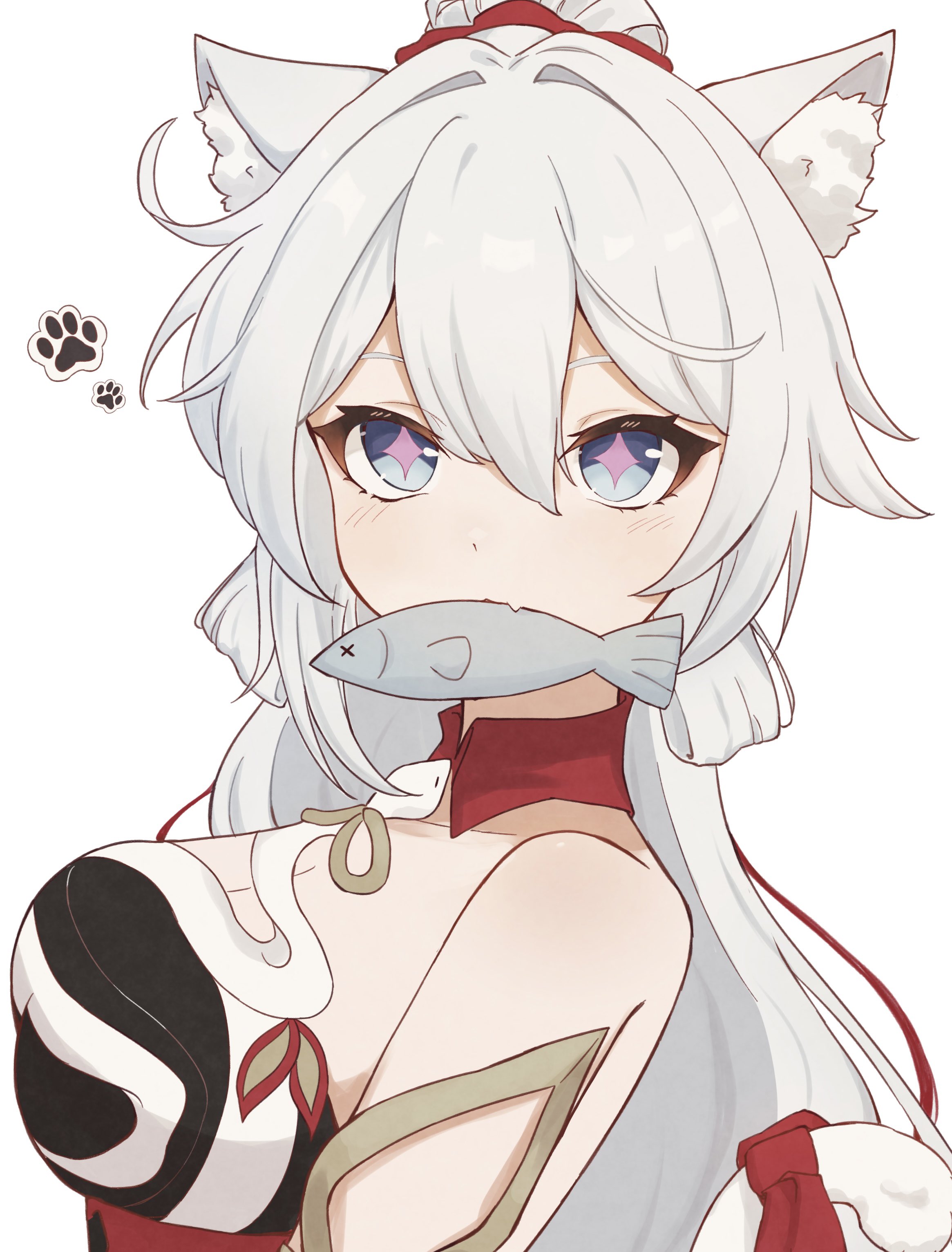 torein (and rain3), kiana kaslana, kiana kaslana (ba-dum! fiery wishing star), honkai (series), honkai impact 3rd, absurdres, commentary request, highres, 1girl, animal ear fluff, animal ears, blue eyes, breasts, cat ears, diamond-shaped pupils, diamond (shape), dress, fish in mouth, large breasts, long hair, red dress, simple background, solo, symbol-shaped pupils, upper body, very long hair, white hair