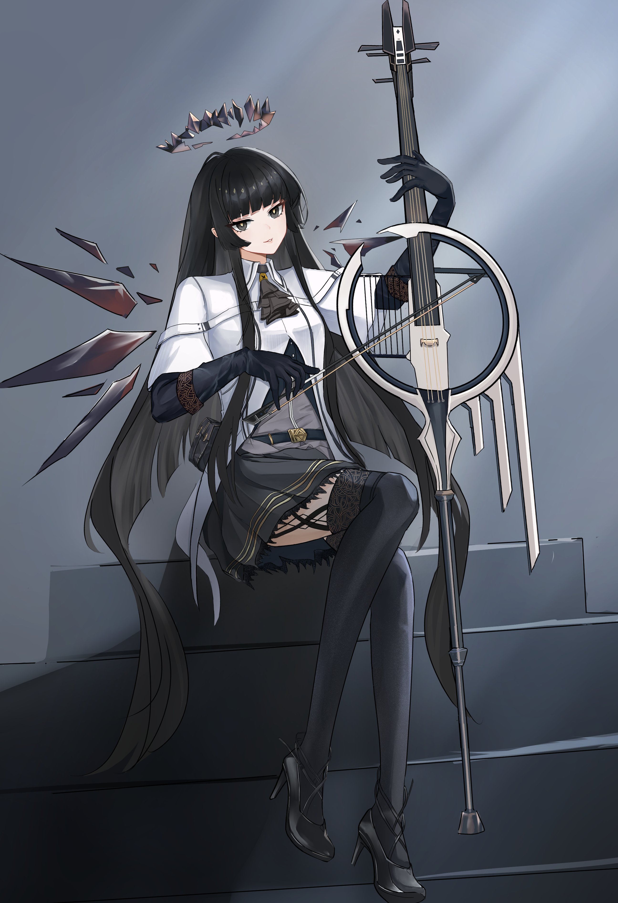 virtuosa (arknights), arknights, absurdres, highres, 1girl, ascot, belt, belt buckle, black ascot, black belt, black eyes, black gloves, black hair, black halo, black shoes, black skirt, black thighhighs, bow (music), buckle, collared shirt, detached wings, elbow gloves, full body, garter straps, gloves, grey background, halo, high heels, holding, holding bow (music), holding instrument, instrument, lace, lace-trimmed skirt, lace trim, long hair, looking at viewer, music, playing instrument, shirt, shoes, sitting, skirt, smile, solo, thighhighs, very long hair, wanskuy, white shirt, wings, yellow pupils