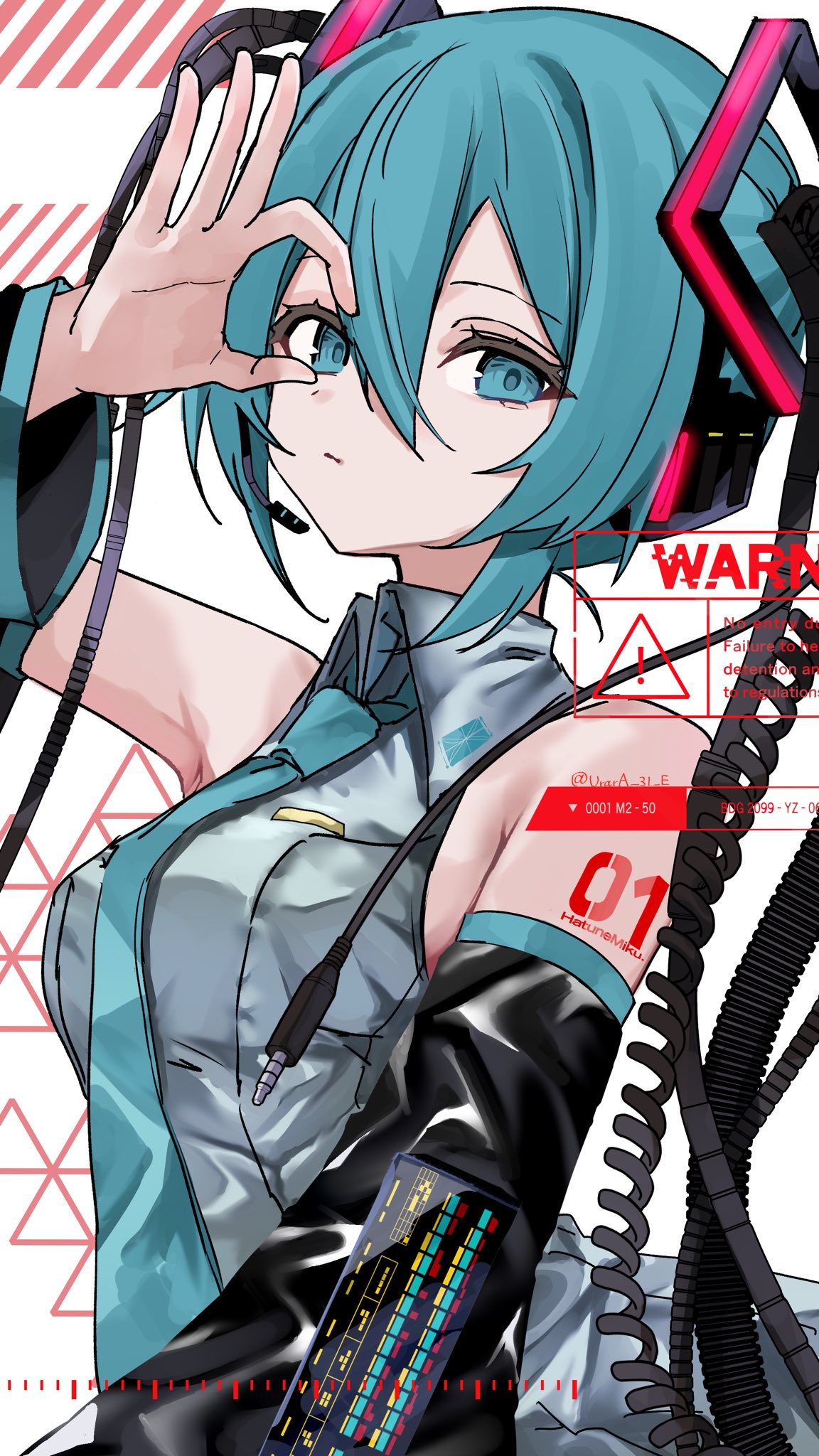 urara 31 e, hatsune miku, vocaloid, commentary, highres, symbol-only commentary, 1girl, aqua eyes, aqua hair, aqua necktie, aqua trim, arm up, armpit crease, audio jack, bare shoulders, black sleeves, cable, closed mouth, collarbone, detached sleeves, english text, grey shirt, hair between eyes, hair ornament, headphones, long sleeves, looking at viewer, necktie, number tattoo, ok sign, ok sign over eye, shirt, shoulder tattoo, sleeveless, sleeveless shirt, solo, tattoo, twintails, upper body, watermark