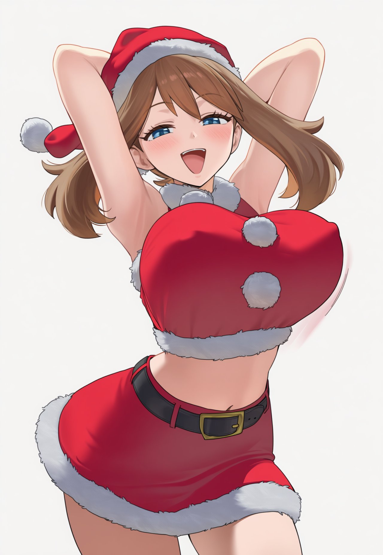 ueponzu, may (pokemon), nintendo, pokemon, pokemon rse, highres, 1girl, alternate costume, blue eyes, breasts, brown hair, christmas, cleavage, dress, fur-trimmed dress, fur trim, large breasts, looking at viewer, open mouth, red dress, santa costume, santa dress, simple background, smile, solo, standing