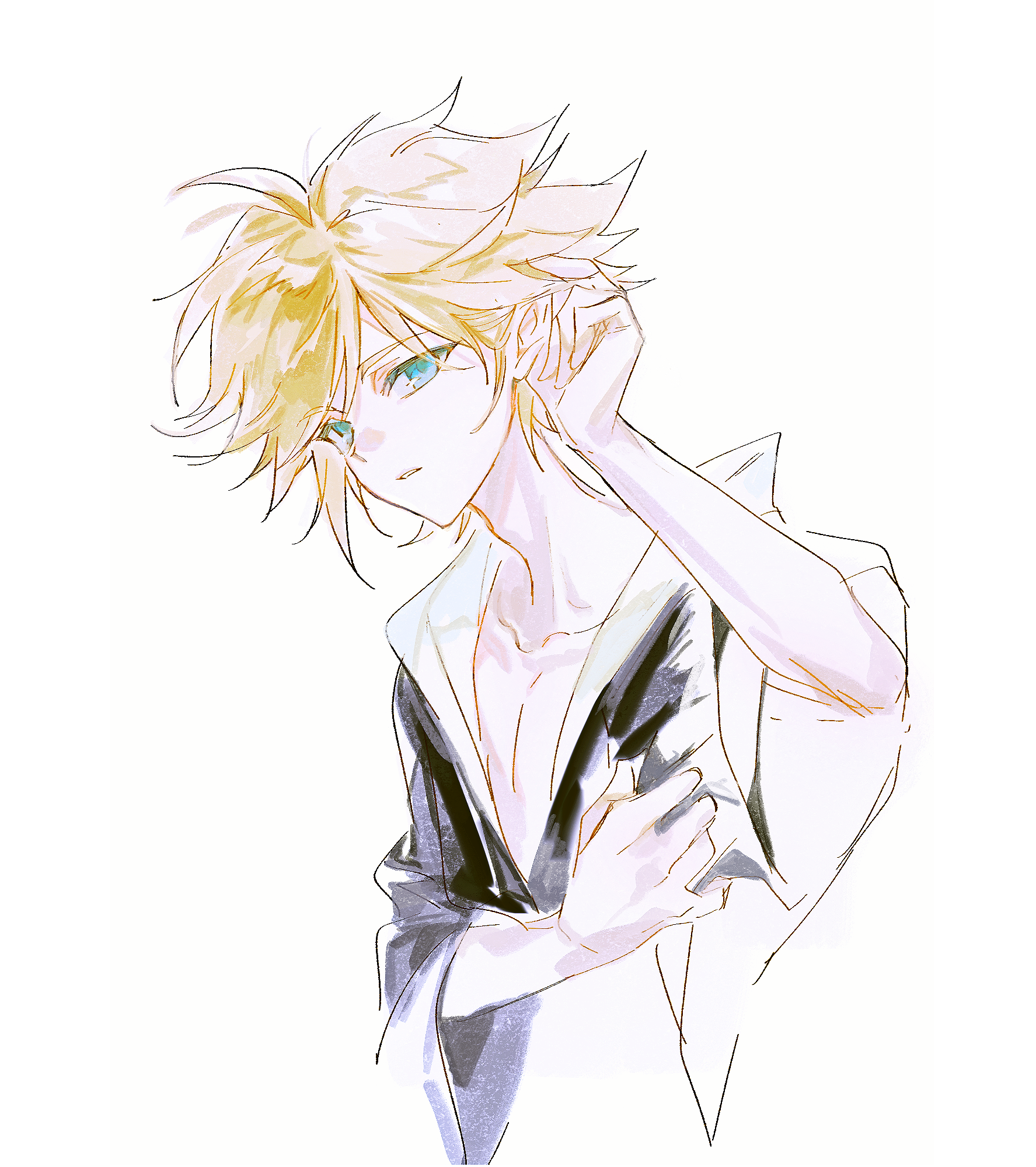 king (aotu world), aotu world, chinese commentary, highres, 1boy, adjusting hair, ahoge, alternate costume, black kimono, blonde hair, blue eyes, chinese clothes, collarbone, hand in own hair, hand up, hanfu, japanese clothes, kimono, looking at viewer, male focus, oreoc, parted lips, pectoral cleavage, pectorals, pointy ears, robe, short hair, simple background, sketch, solo, spiked hair, upper body, white background, white hanfu, wide sleeves