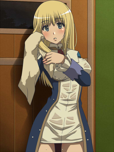 awa, character request, 1girl, blonde hair, blush, breasts, dress, long hair, looking at viewer, skirt, solo, wet, wet clothes, wet dress