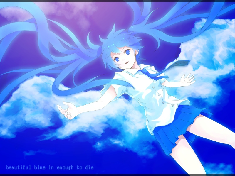 tomsan, hatsune miku, vocaloid, 1girl, blue eyes, blue hair, blue necktie, blue skirt, blue sky, cloud, cloudy sky, collared shirt, english text, engrish text, fake wings, falling, female focus, floating hair, long hair, long twintails, matching hair/eyes, miniskirt, necktie, outdoors, parted lips, pleated skirt, ranguage, shirt, short sleeves, skirt, sky, solo, twintails, very long hair, white shirt, wings