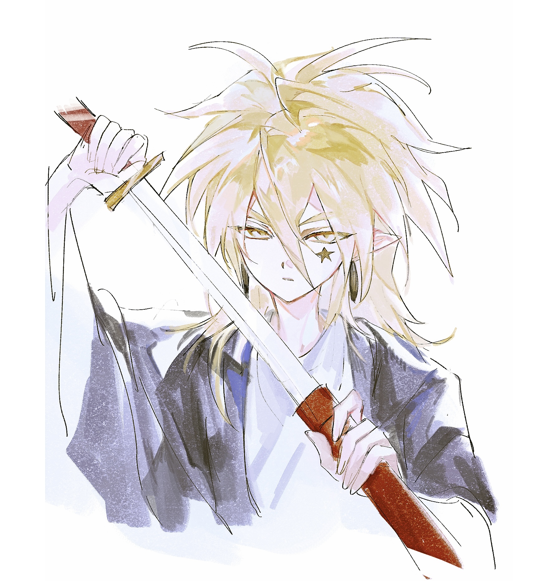 aotu world, chinese commentary, highres, 1boy, alternate costume, bishounen, black kimono, blonde hair, closed mouth, earrings, eyes visible through hair, facial mark, godrose (aotu world), hair between eyes, holding, holding sheath, holding sword, holding weapon, japanese clothes, jewelry, katana, kimono, long hair, long sleeves, looking at viewer, male focus, oreoc, pointy ears, sheath, shirt, simple background, solo, star (symbol), sword, unsheathing, upper body, weapon, white background, white shirt, wide sleeves, yellow eyes