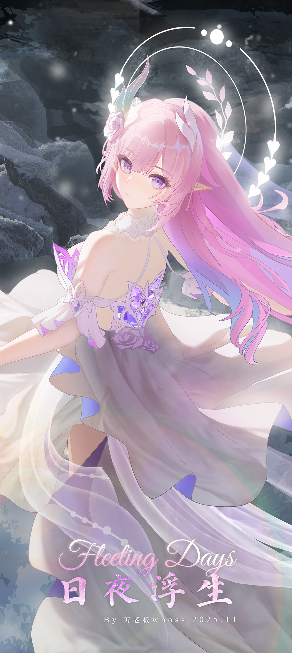 wboss, cyrene (honkai: star rail), cyrene (ripples of past reverie) (honkai: star rail), honkai: star rail, honkai (series), chinese commentary, commentary, commentary request, english commentary, highres, mixed-language commentary, paid reward available, 1girl, bare shoulders, closed mouth, dated, dress, english text, from side, hair between eyes, long hair, looking at viewer, looking to the side, outdoors, pink hair, purple eyes, reflection, smile, snowflakes, snowing, solo, very long hair, water, watermark, web address, white dress